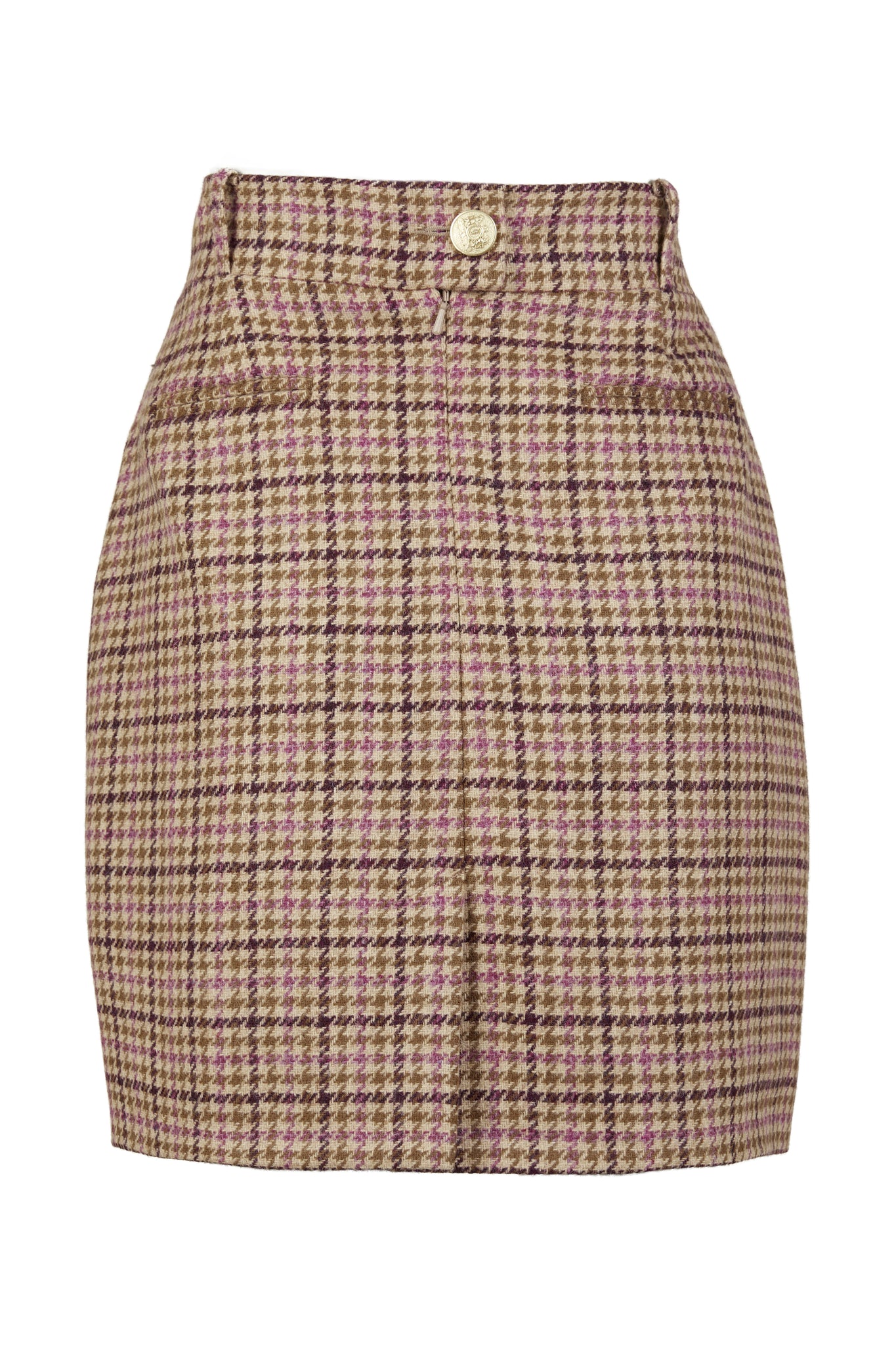 back of womens wool pencil mini skirt in pink check with concealed zip fastening on centre back and gold rivets down front