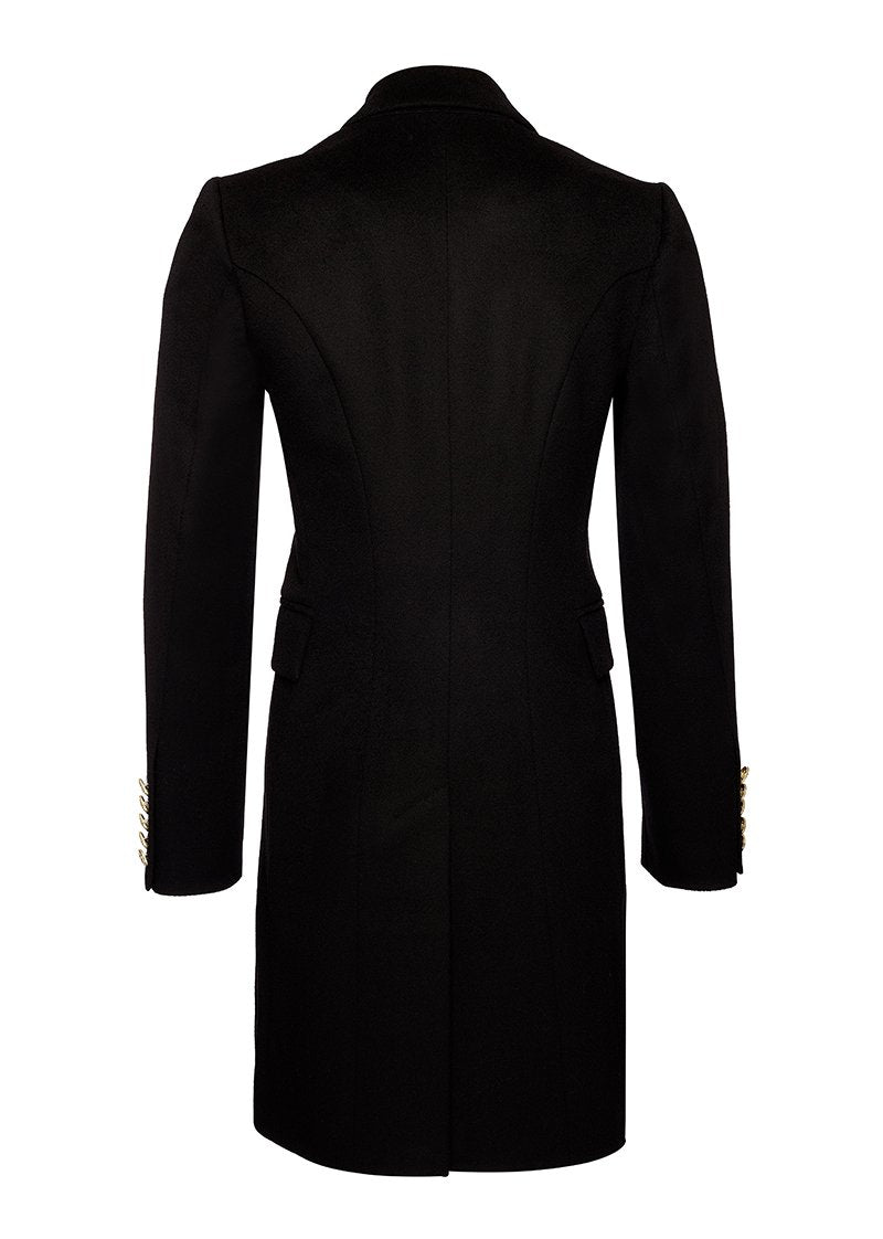 back of black wool womens coat with gold hardware
