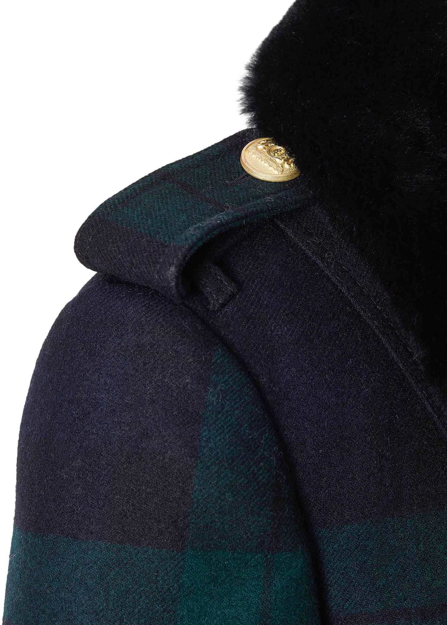 Shoulder detail on womens navy and green blackwatch houndstooth double breasted full length trench coat with black faux fur collar