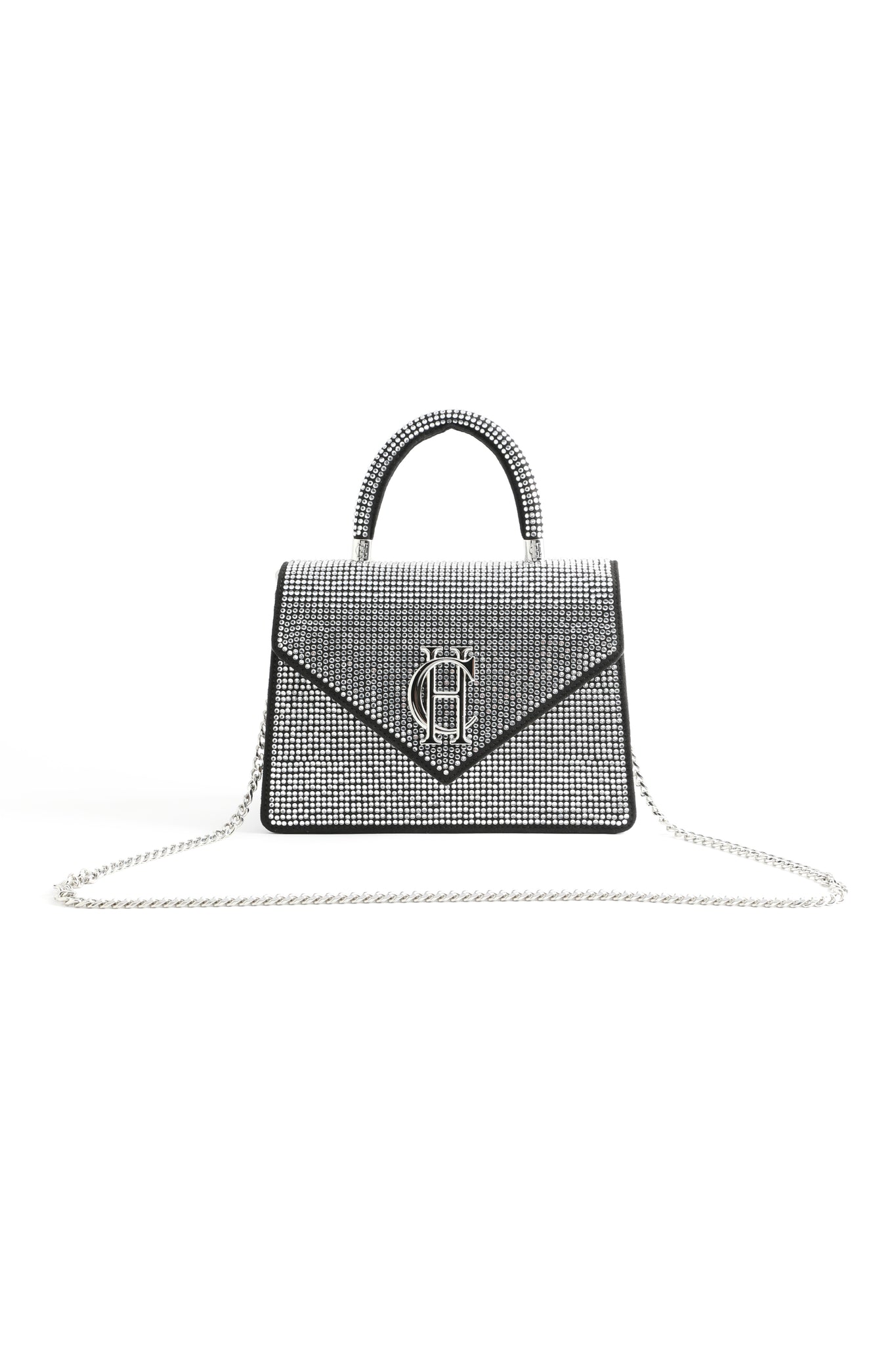 front image showing silver chain on the crystal embellished shoulder bag with diamante top handle 