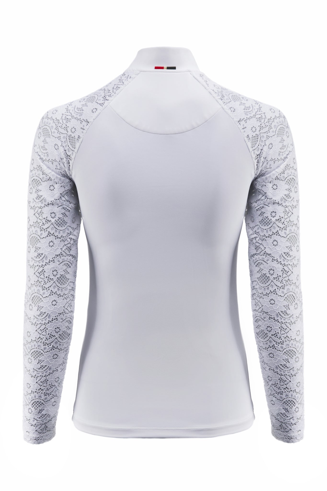 back of white turtle neck long sleeve base layer with lace across shoulders and a sweetheart neckline