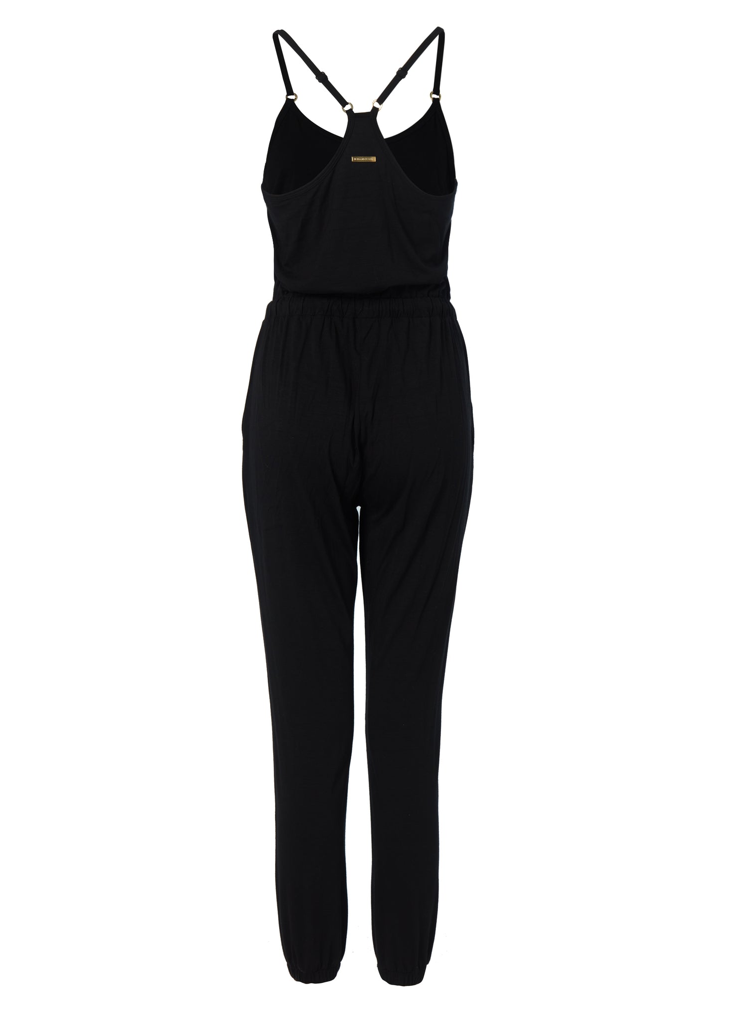 back of womens black relaxed fit jumpsuit with a drawstring waist and adjustable spaghetti straps and cuffed ankles