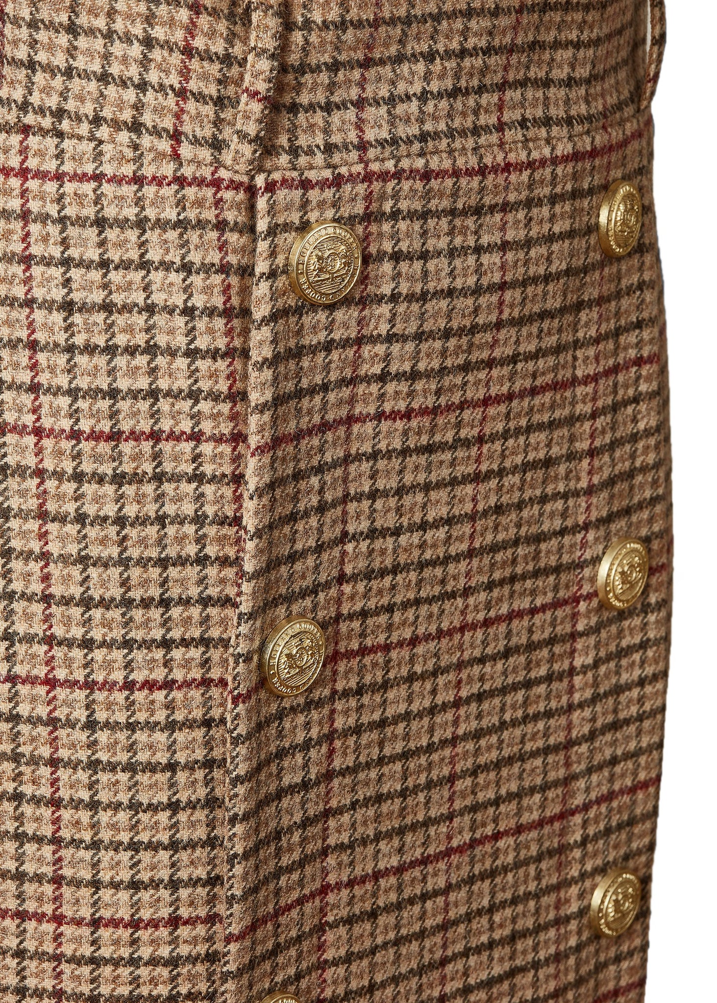 gold button front detail of womens wool pencil mini skirt in light brown and red tweed check with concealed zip fastening on centre back