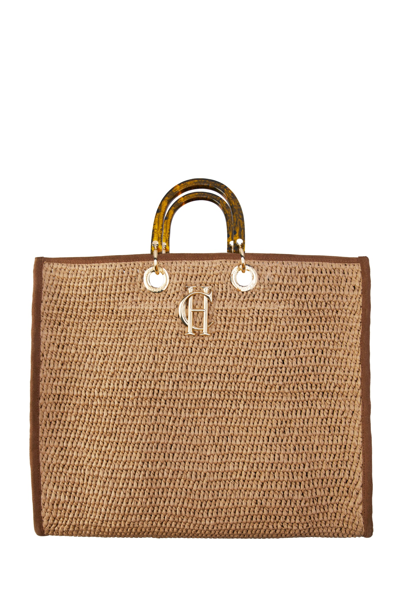 womens natural raffia tote bag with gold hardware details and Tortoiseshell acrylic top handle