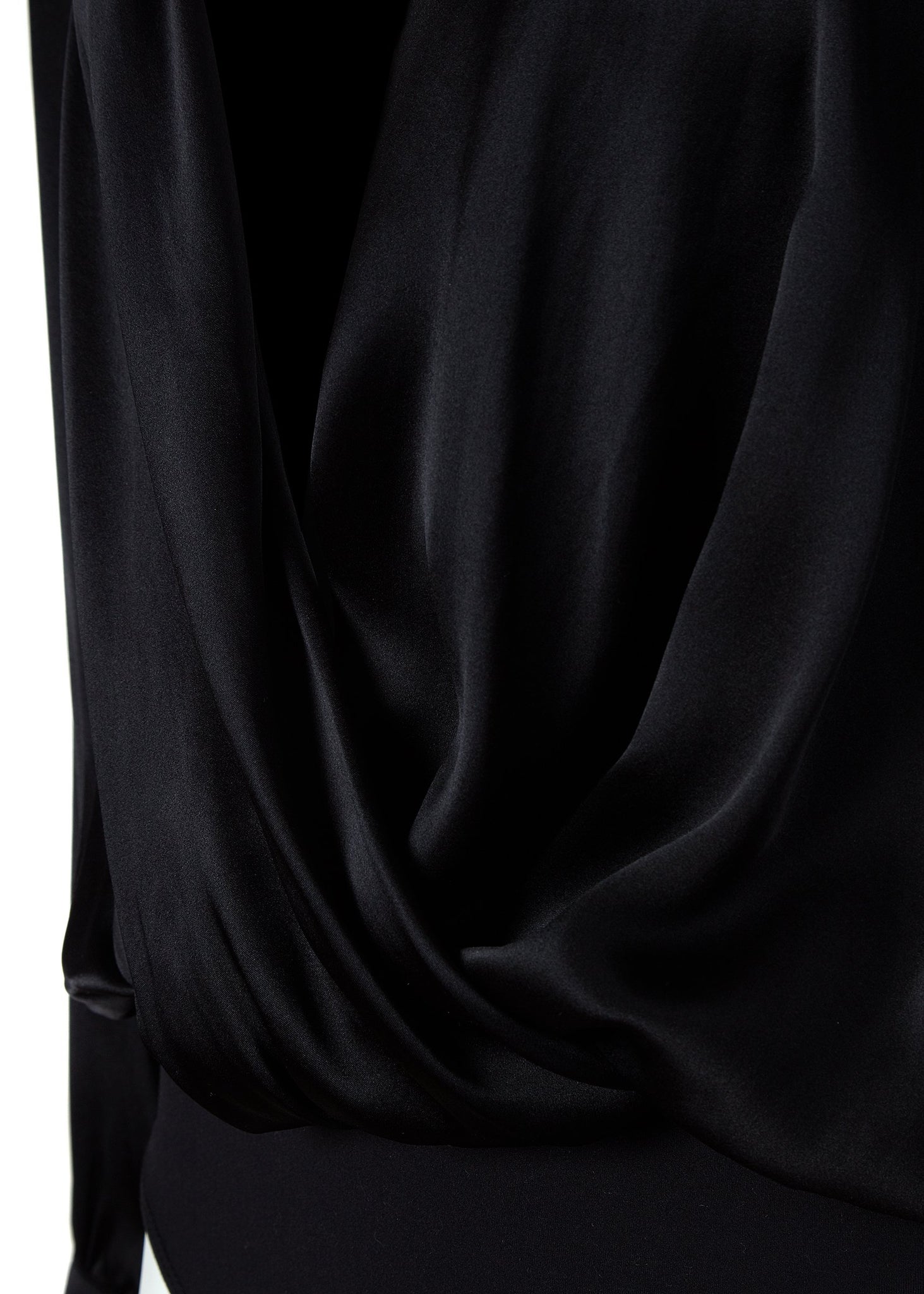 wrap detail on womens long sleeve silk black wrap front bodysuit with gold buttons