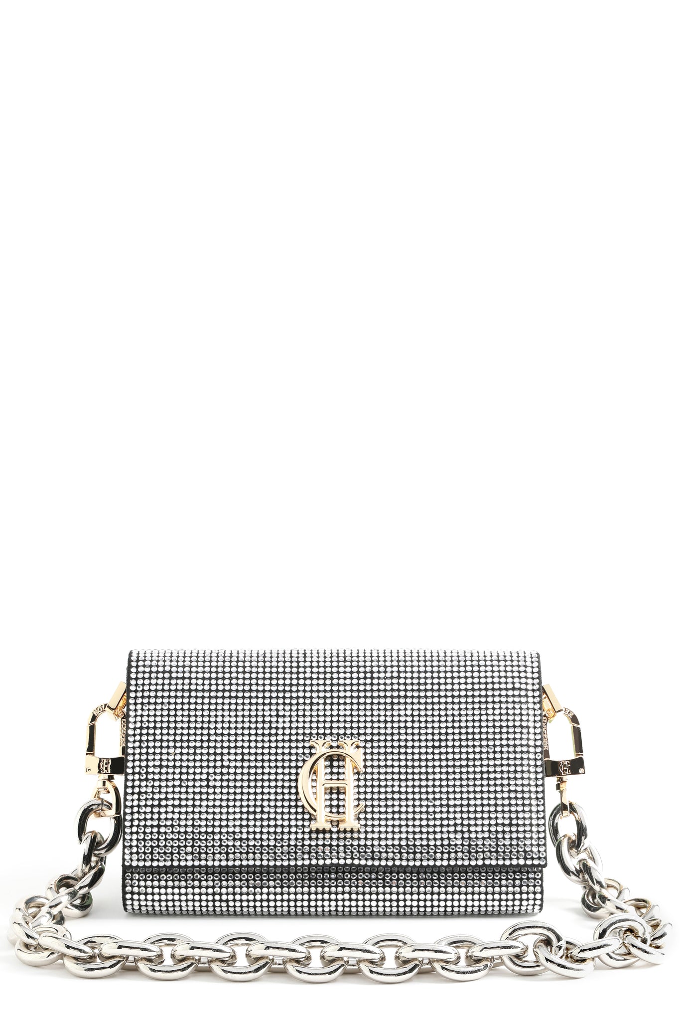front shot of crystal embellished clutch bag with silver chunky chain