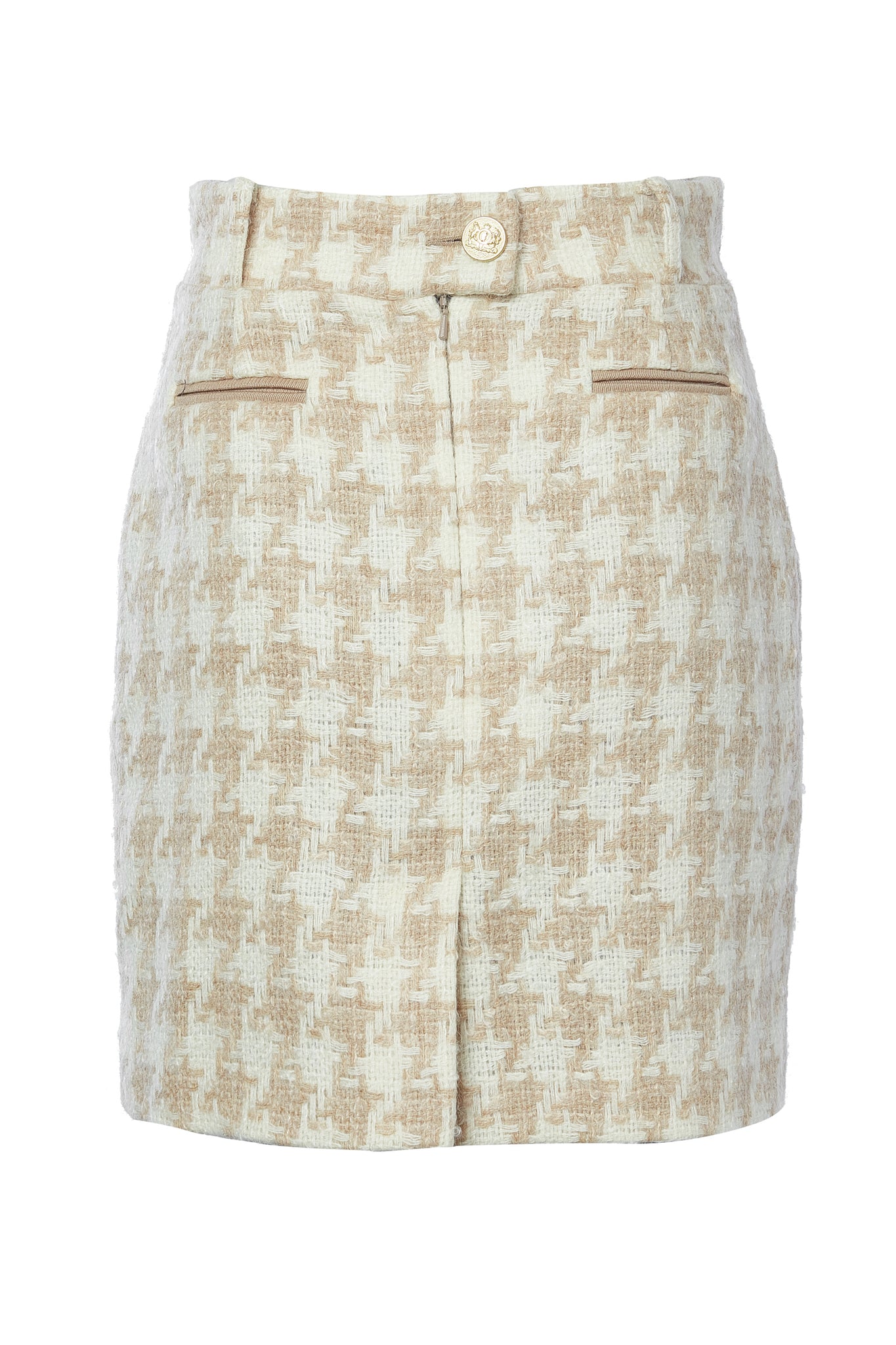 back of womens cream and camel houndstooth wool pencil mini skirt with concealed zip fastening on centre back and gold rivets down front