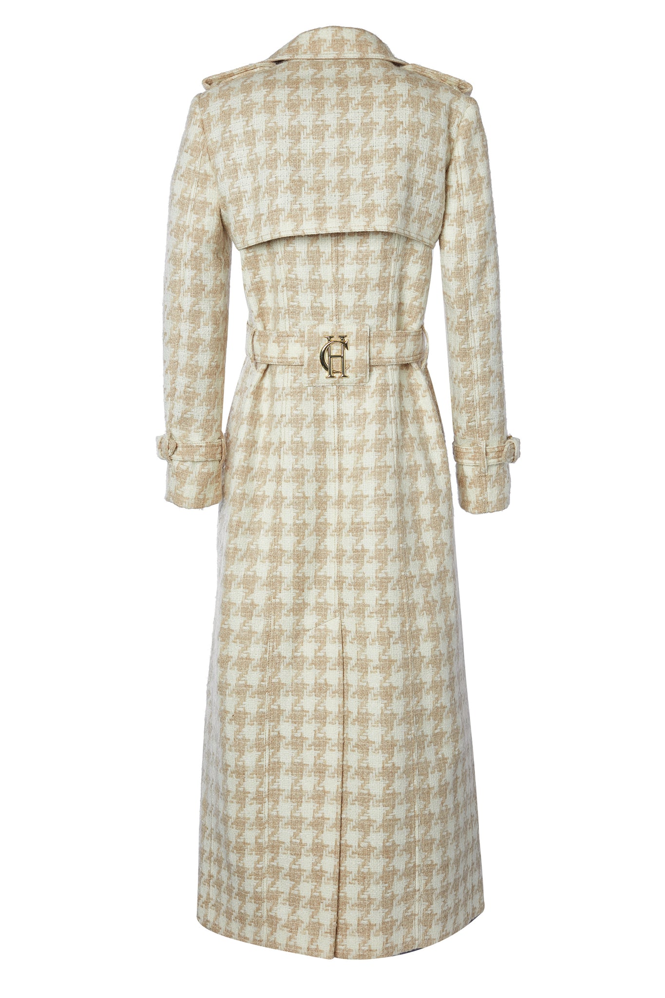 Back of womens cream and camel houndstooth double breasted full length wool trench coat