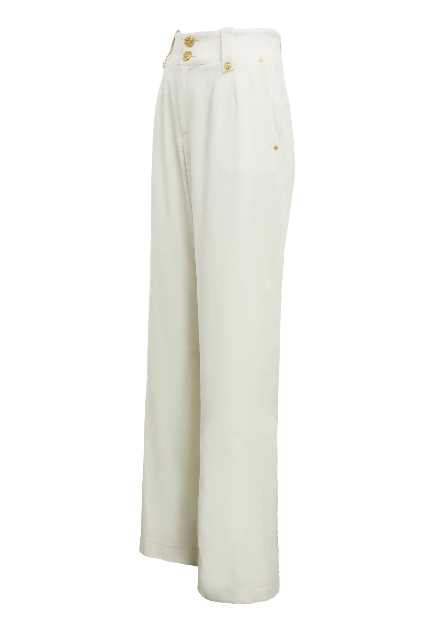 Front angled view of Women’s ivory wool high waisted straight trousers