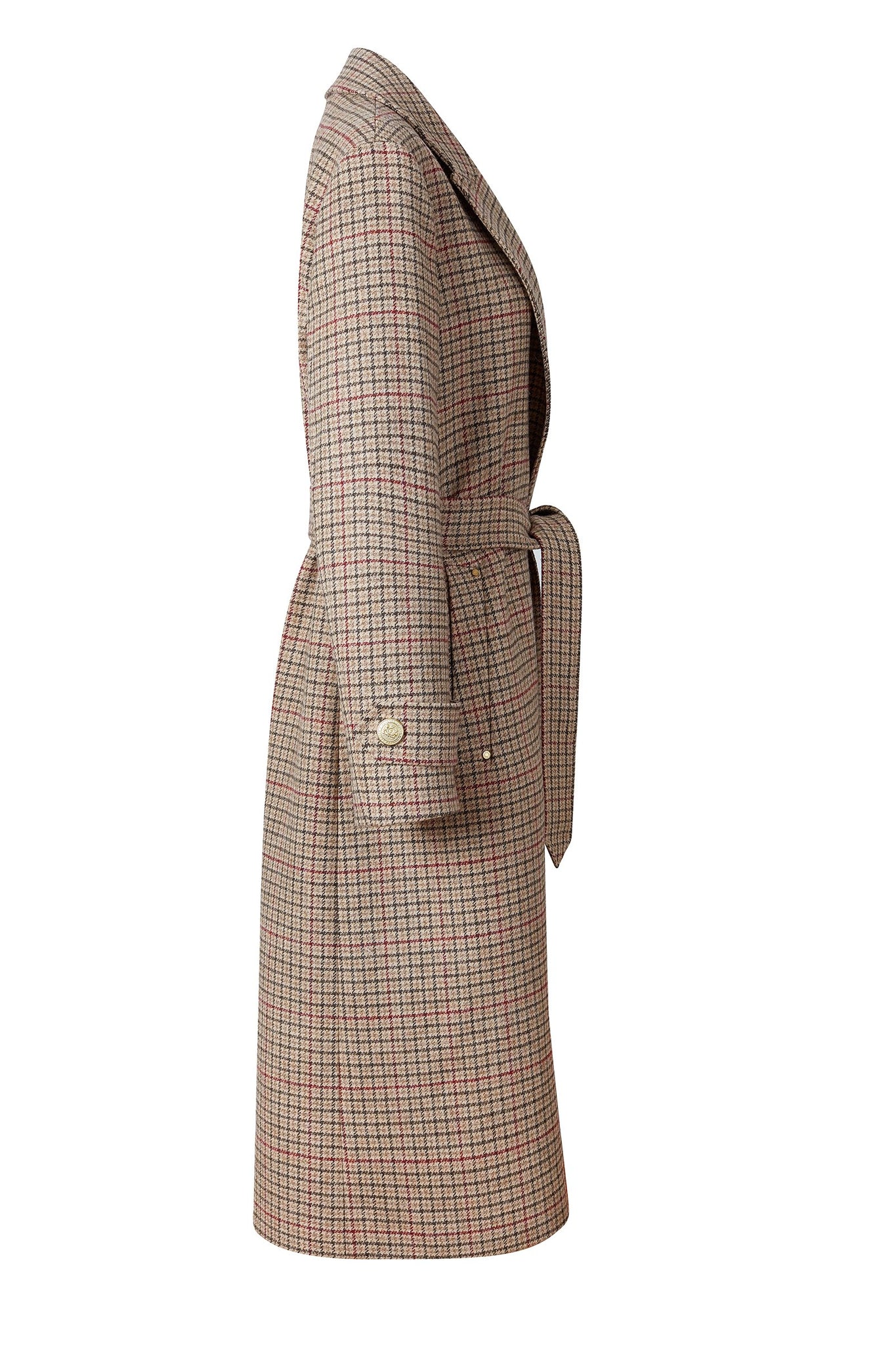 side of Womens checked brown green and red tweed mid length wrap coat with tie belt