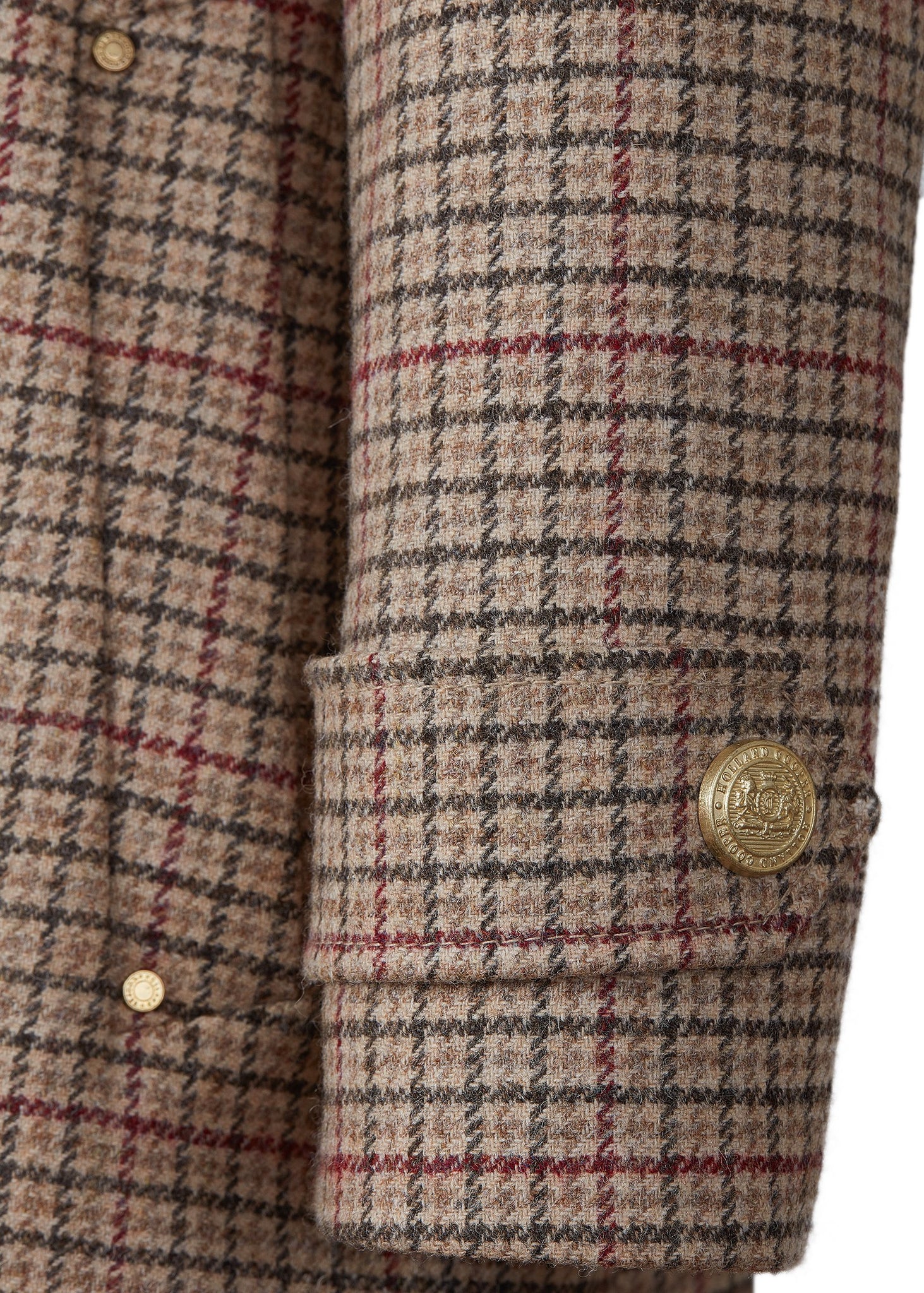 sleeve detail with gold button for Womens checked brown green and red tweed mid length wrap coat with tie belt