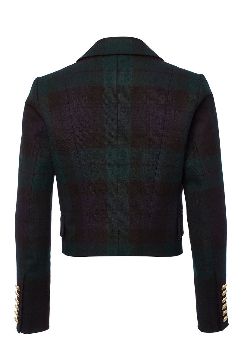 back of British made tailored cropped jacket in navy and green blackwatch tarten with welt pockets and gold button detail down the front and on sleeves