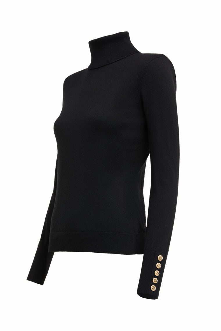 cashmere blend lightweight Roll neck knit in black with shoulder pads