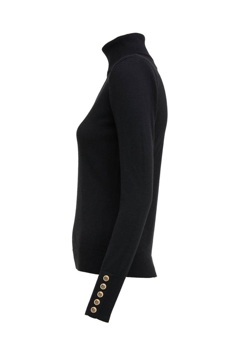 side of cashmere blend lightweight Roll neck knit in black with shoulder pads