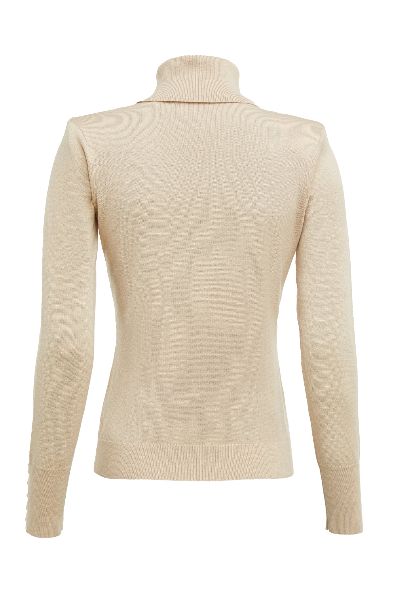 back of cashmere blend lightweight Roll neck knit in stone with shoulder pads 