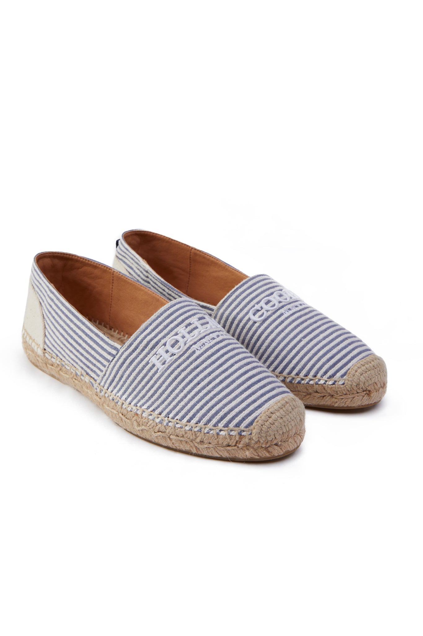 classic style white and blue striped canvas espadrille with plaited jute sole and jute toe cap with white embroidered branding on top