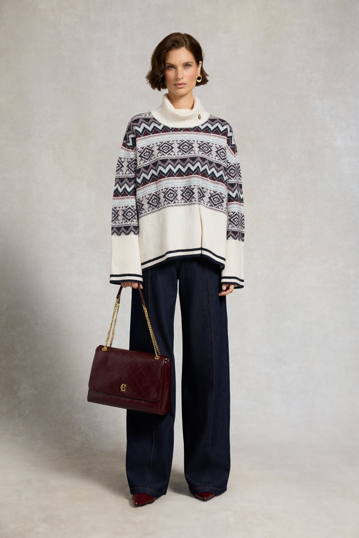 Antonia Fairisle Roll Neck Knit (Natural Blue)