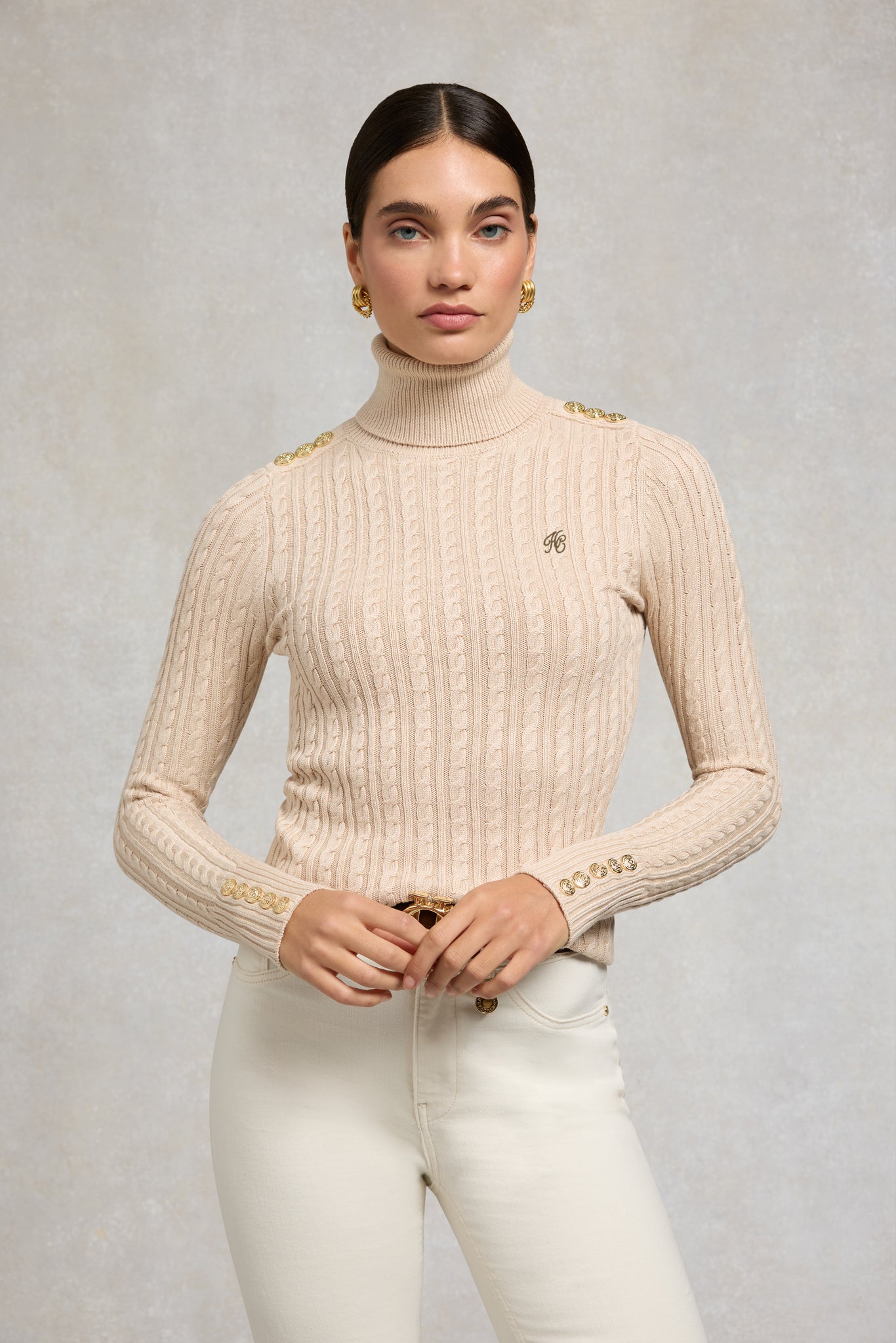 Seattle Roll Neck Cable Knit (Oatmeal)