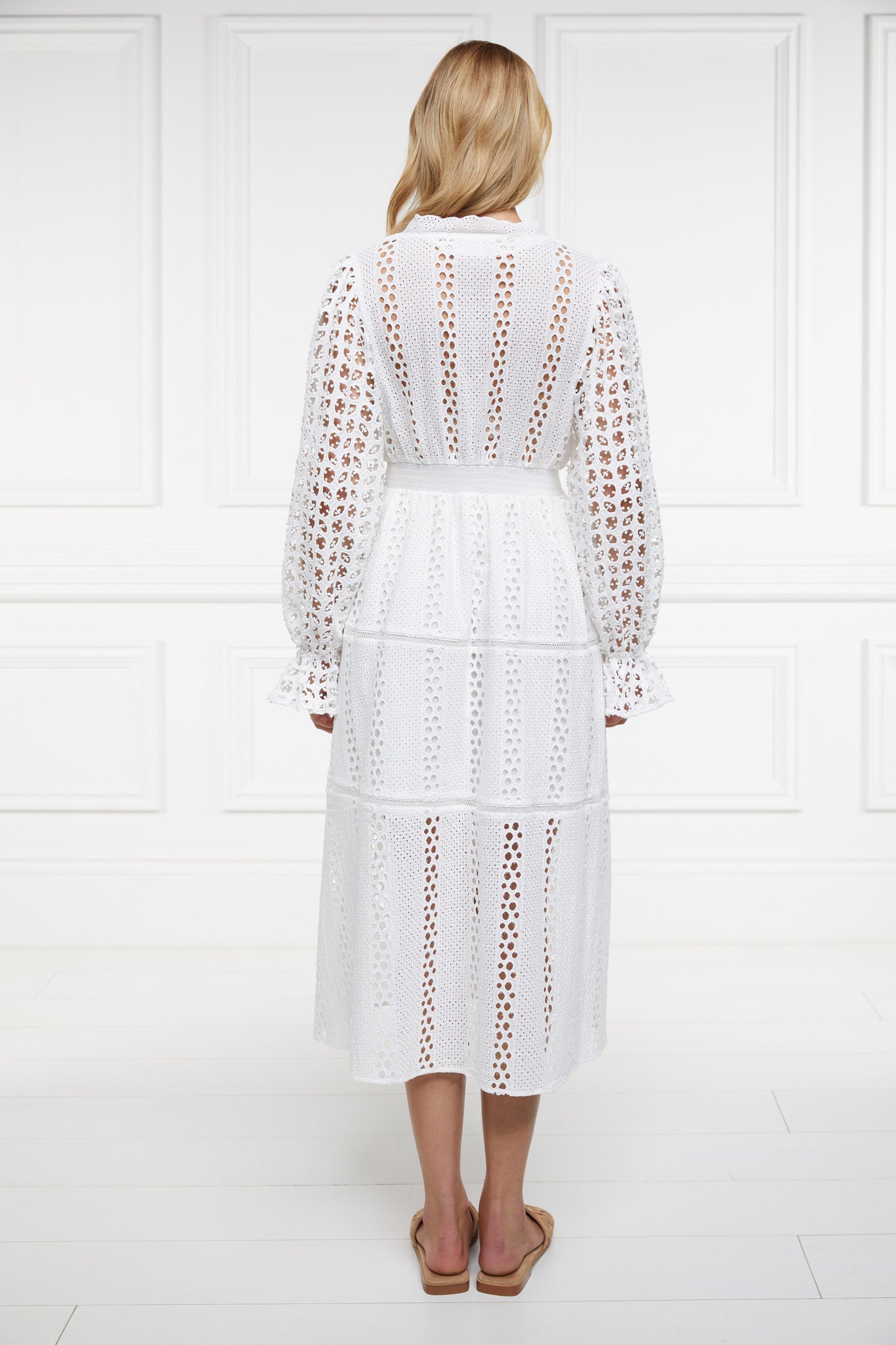 Broderie Lace V-Neck Midi Dress (White)