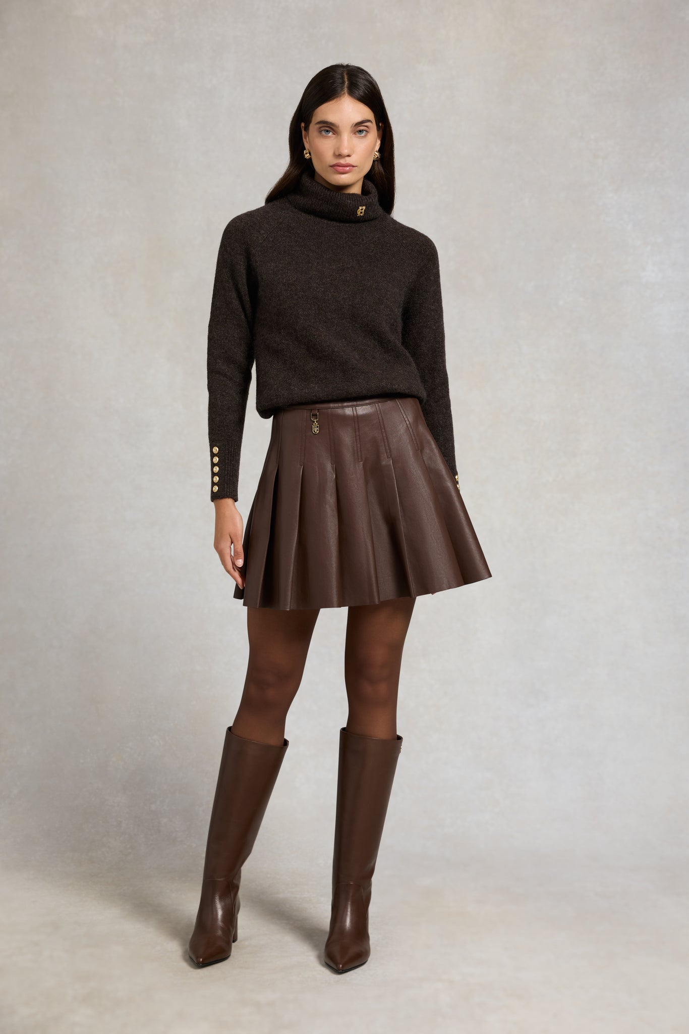Faux Leather Pleated Mini Skirt (Espresso)