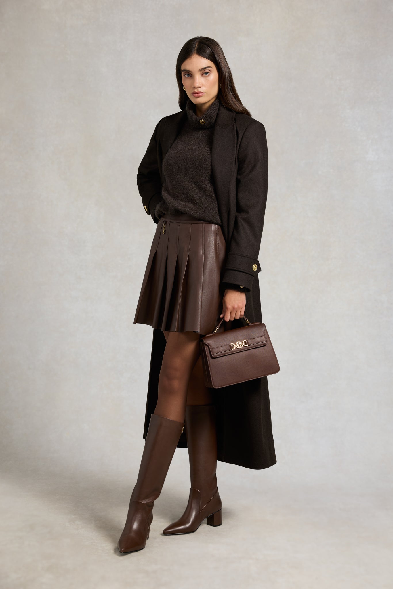 Faux Leather Pleated Mini Skirt (Espresso)