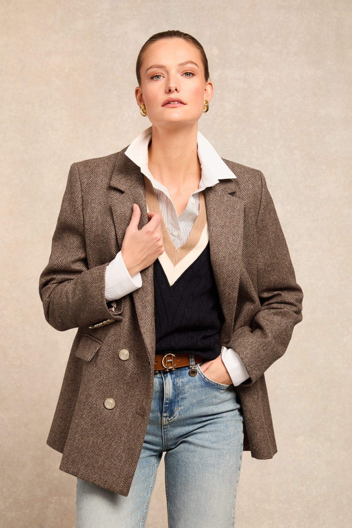 Double Breasted Blazer (Large Scale Brown Herringbone)