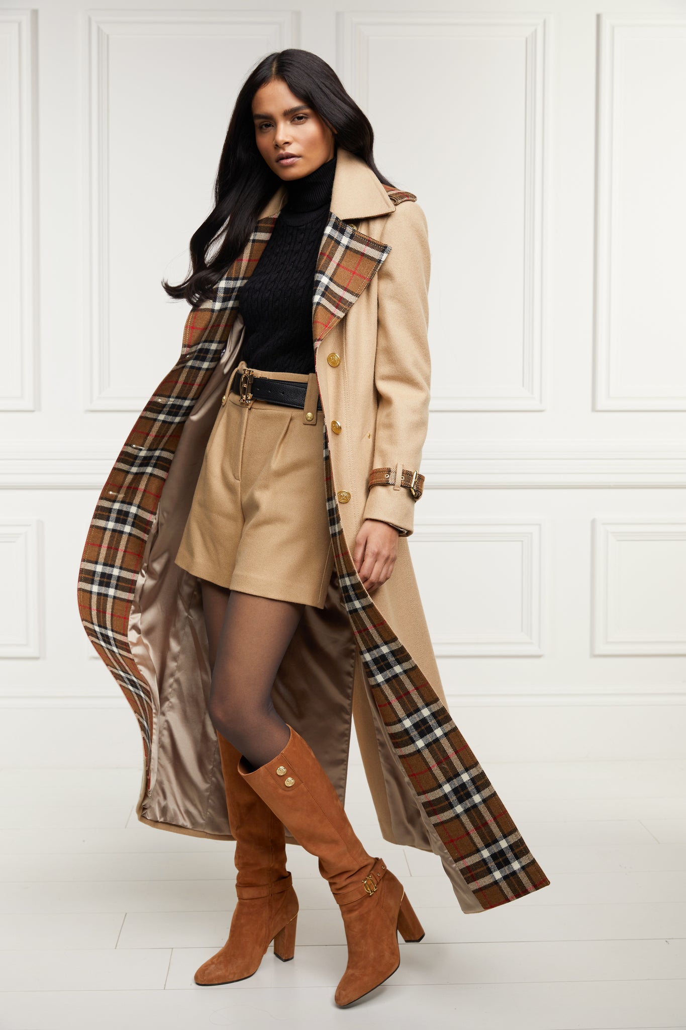 womens camel and brown check wool double breasted trench coat