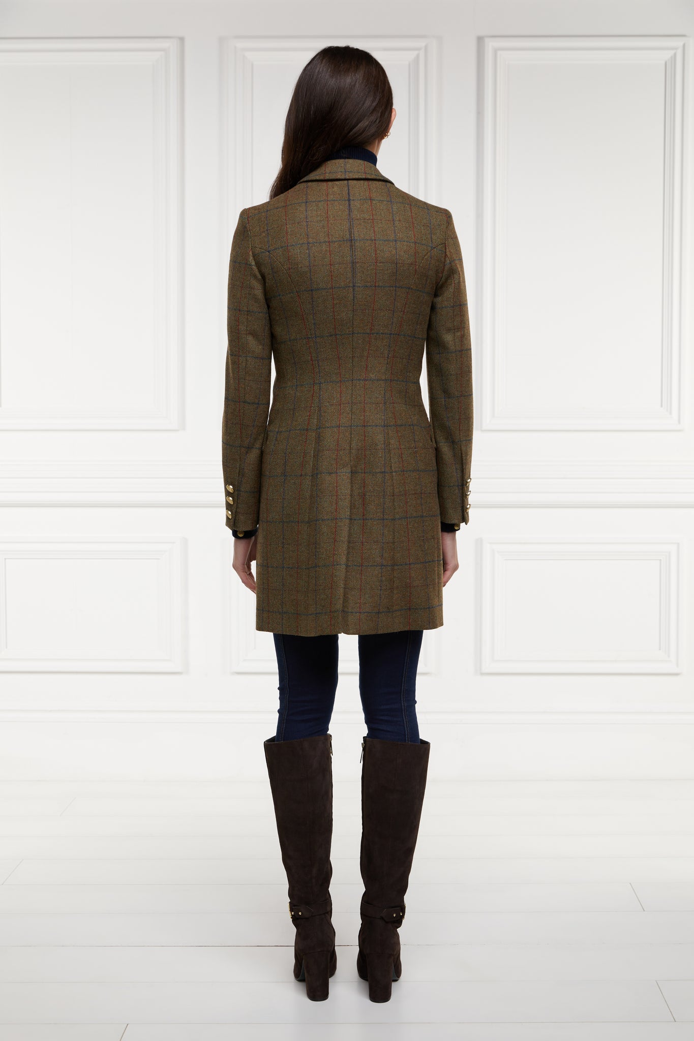 back of womens dark green and navy tweed mid-length single breasted coat detailed with gold hardware