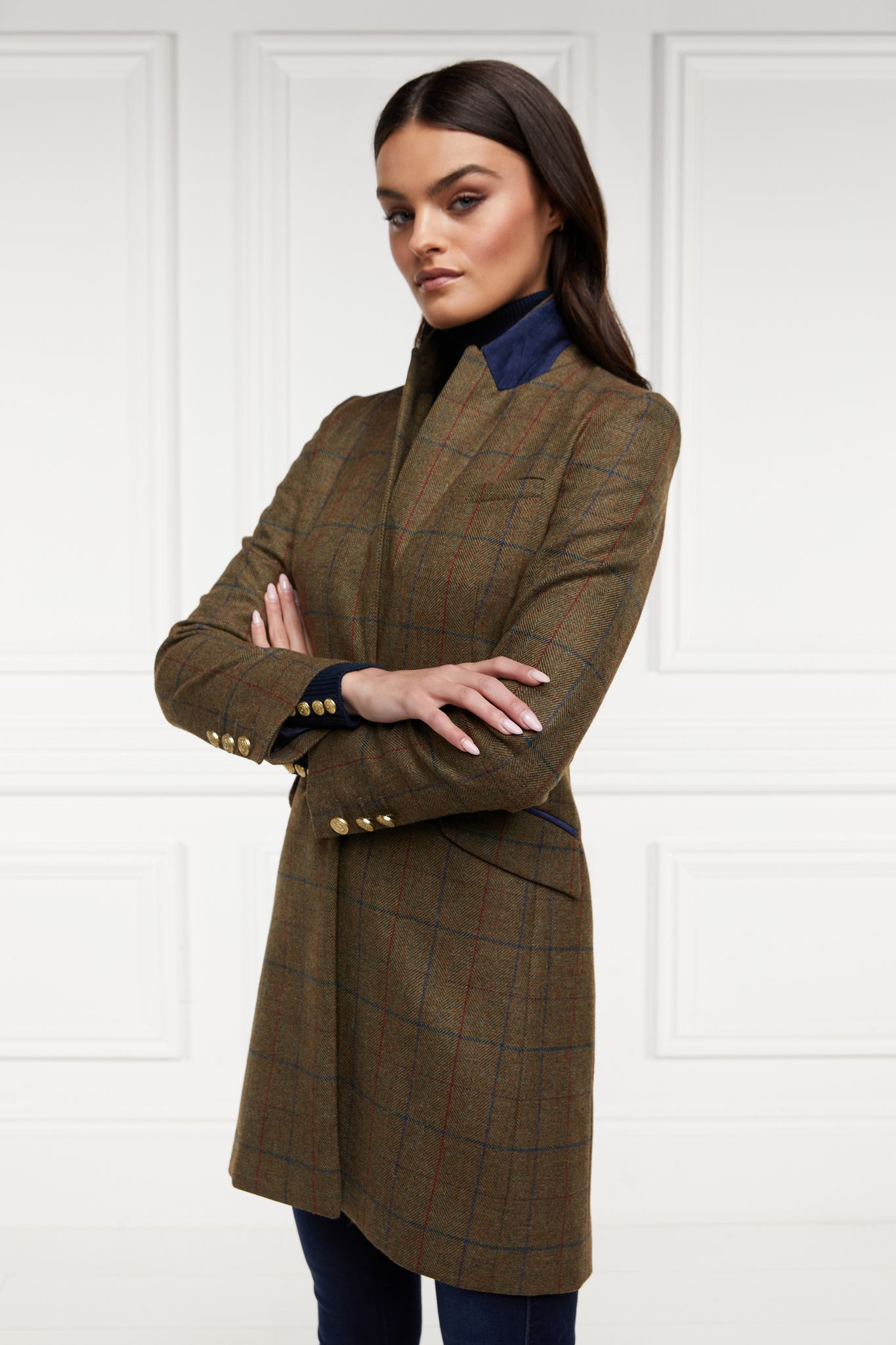 womens dark green and navy tweed mid-length single breasted coat detailed with gold hardware