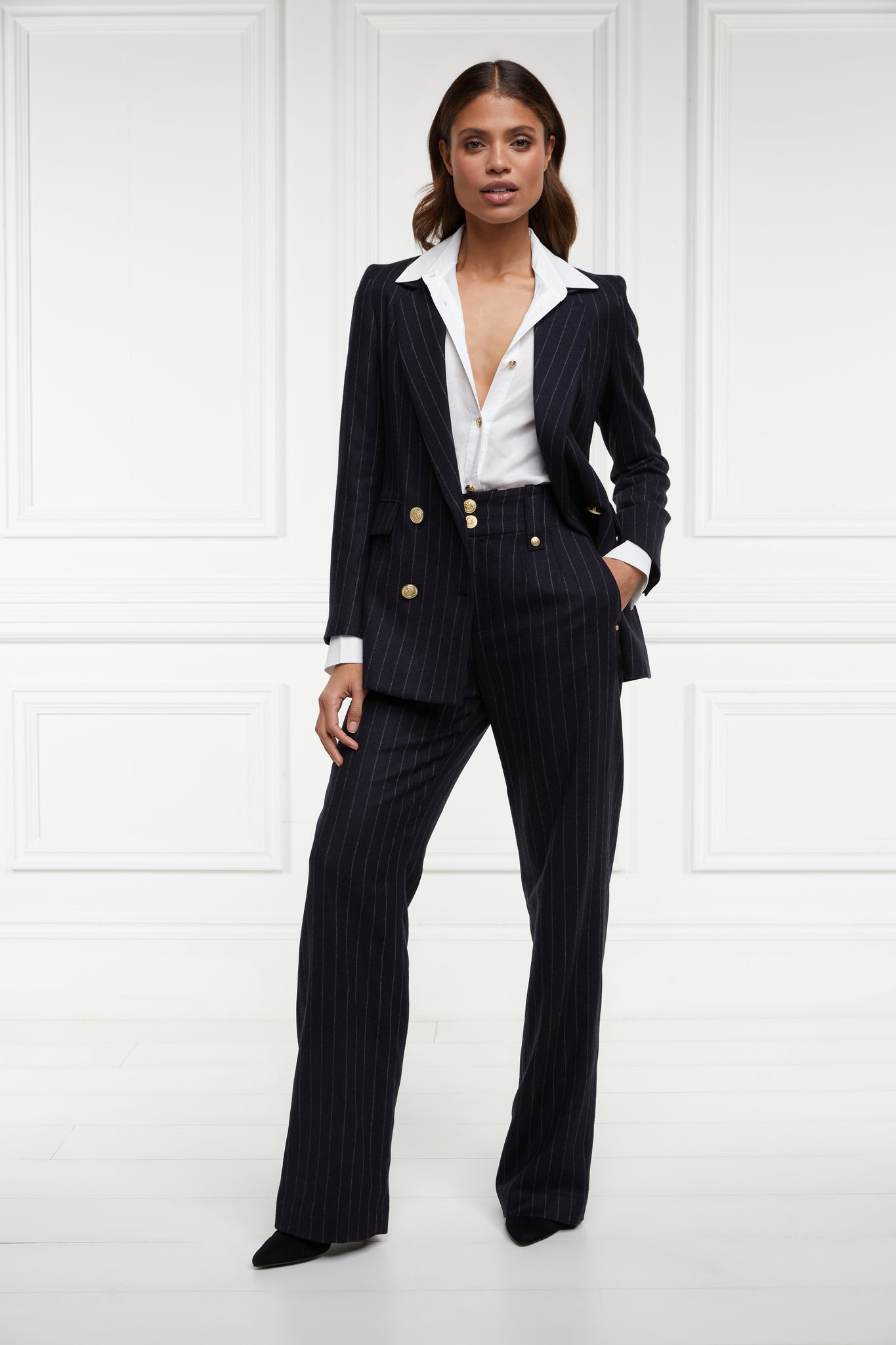 Women's navy chalk pin stripe wool high waisted straight trousers with classic white shirt and navy chalk pin stripe double breasted wool blazer