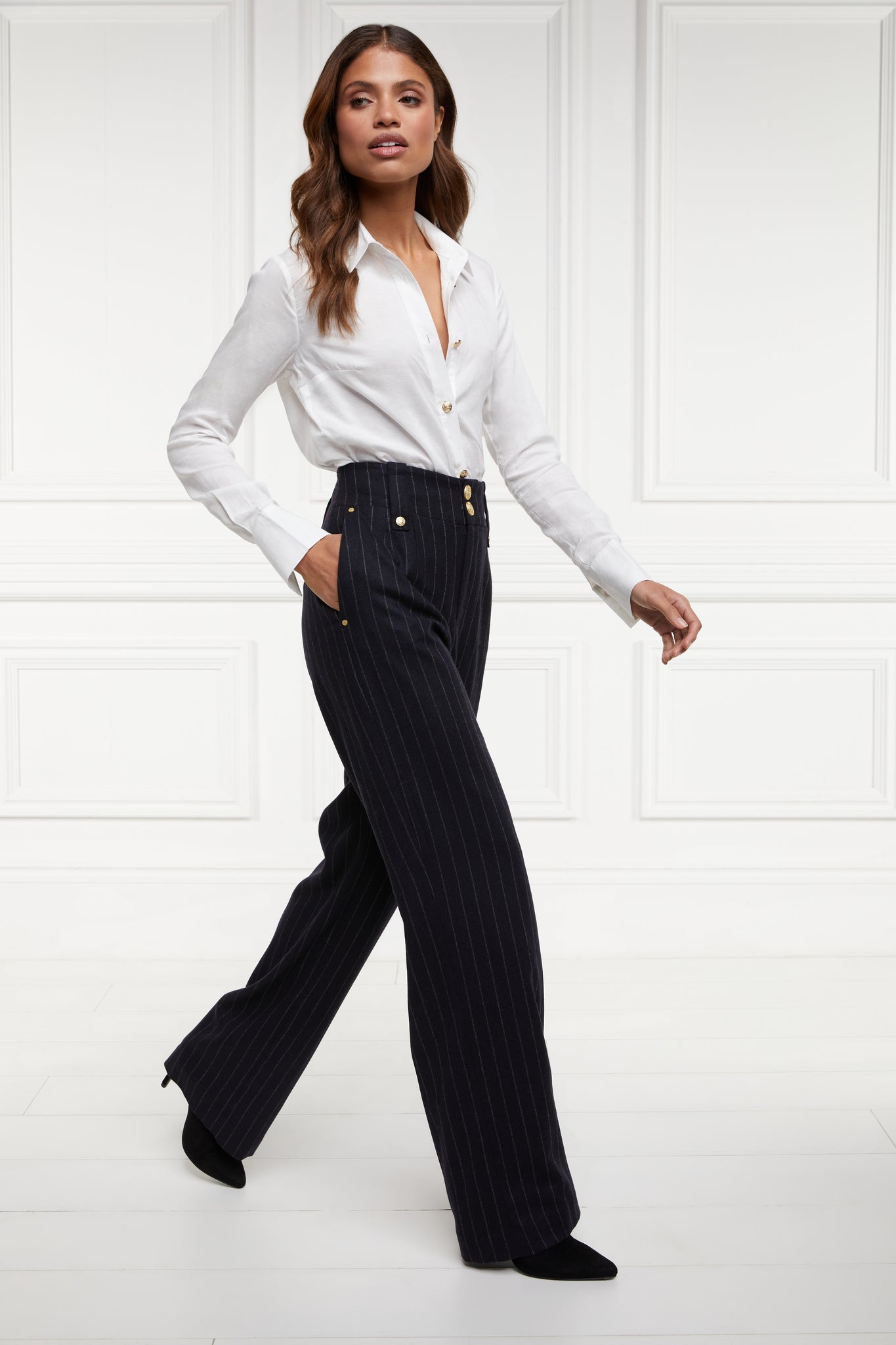 Womens navy chalk pin stripe wool high waisted straight trousers with classic white shirt