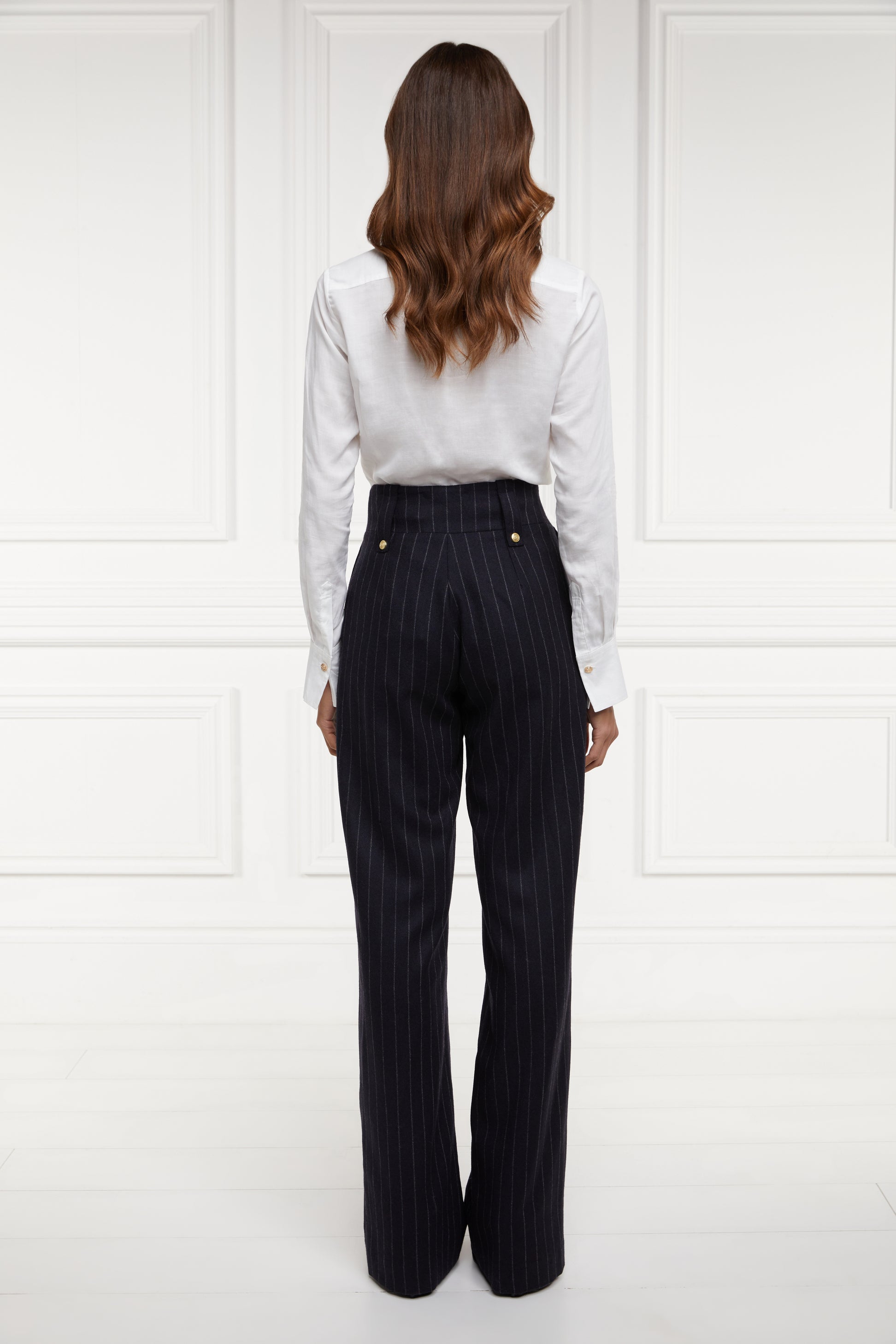 The Sacha Trouser - Navy Chalk Stripe Tropical Wool