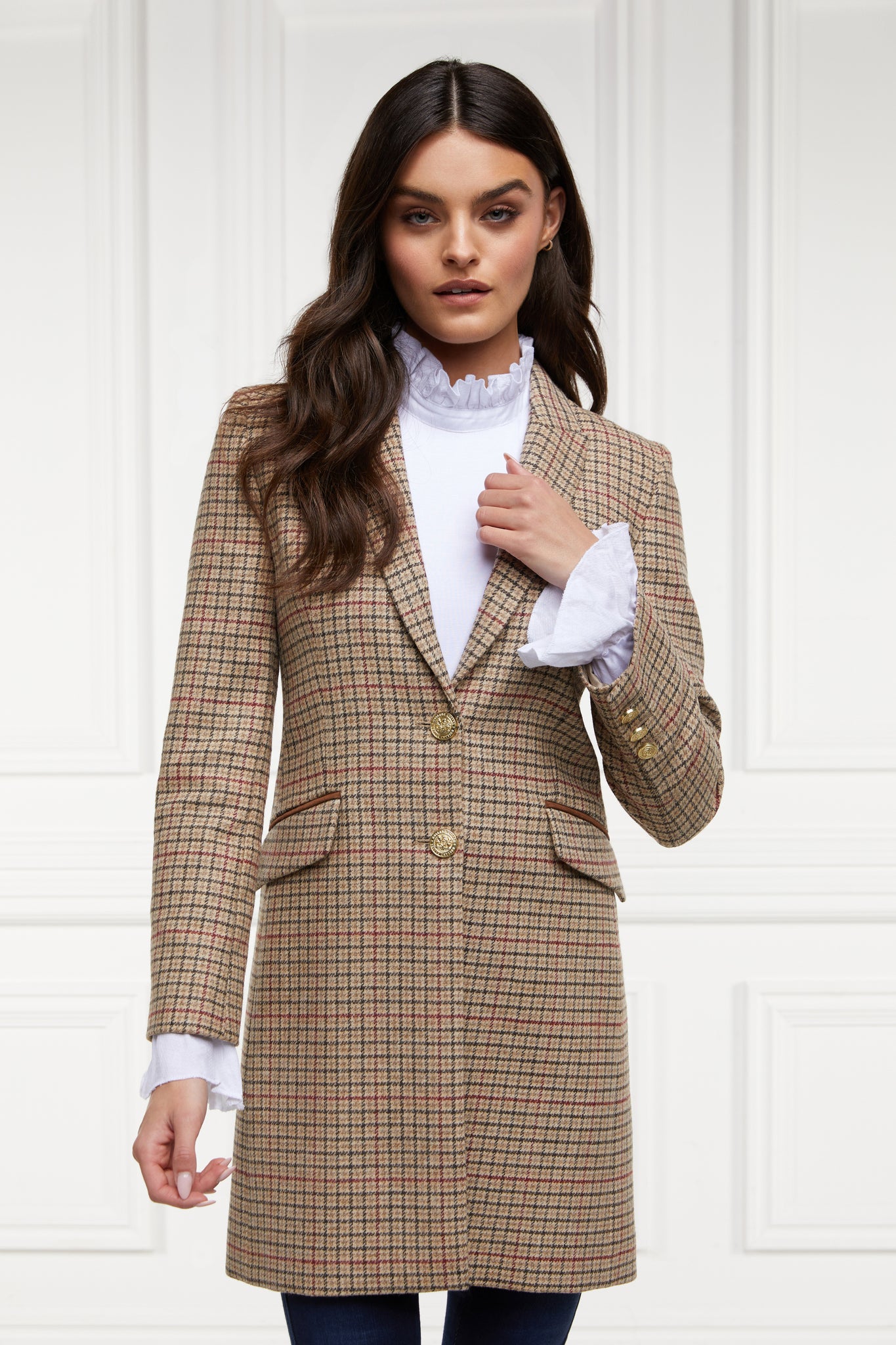 Light brown and red tweed womens wool mid length single breasted coat detailed with gold hardware
