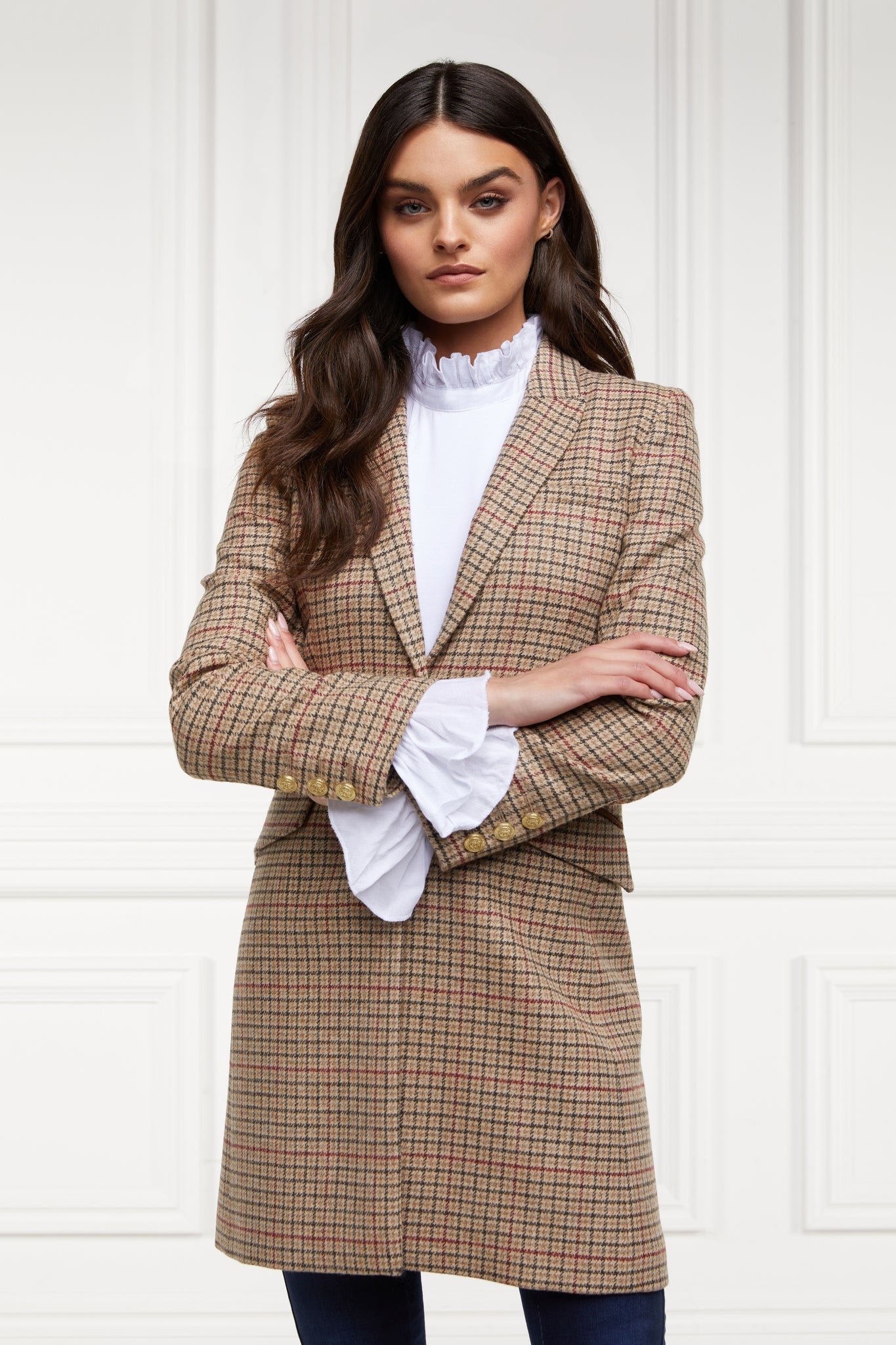 Light brown and red tweed womens wool mid length single breasted coat detailed with gold hardware