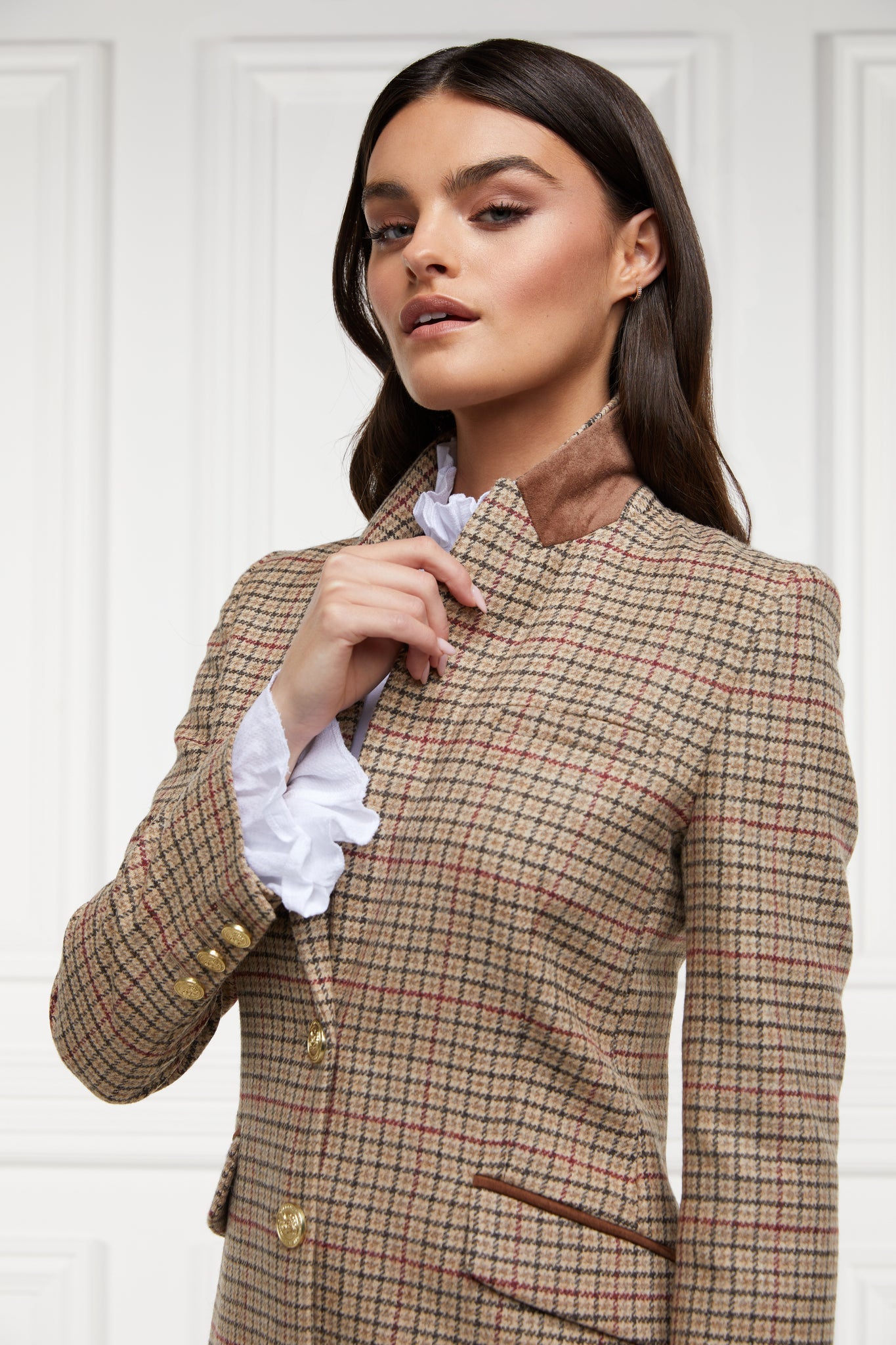 Light brown and red tweed womens wool mid length single breasted coat detailed with gold hardware with collar lined with light brown suede