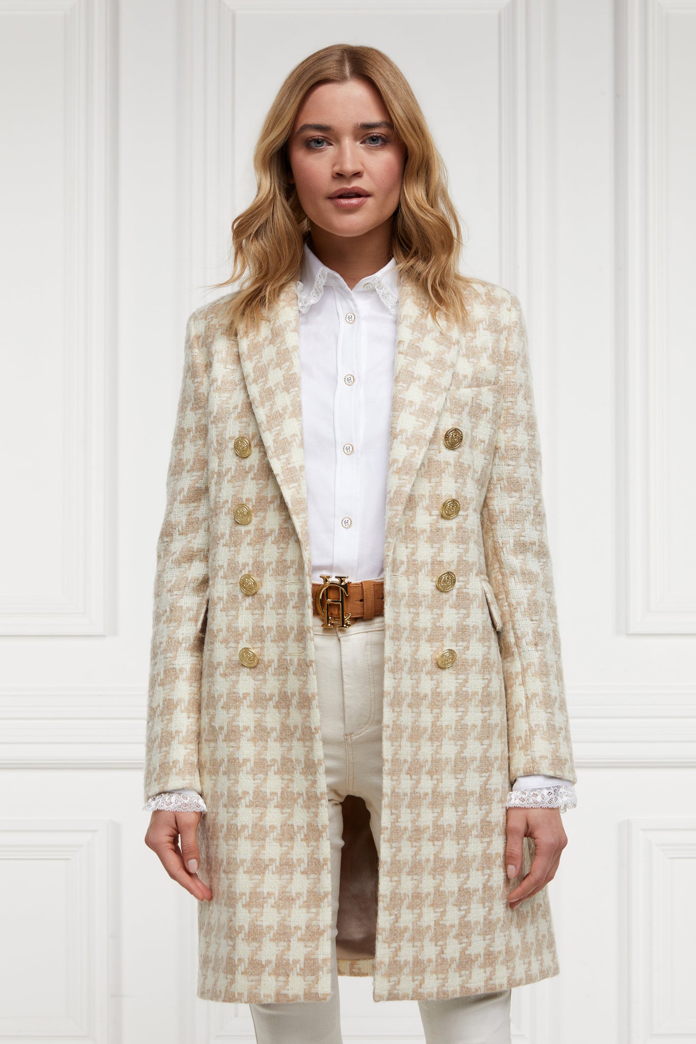 camel and cream houndstooth wool womens coat with gold hardware