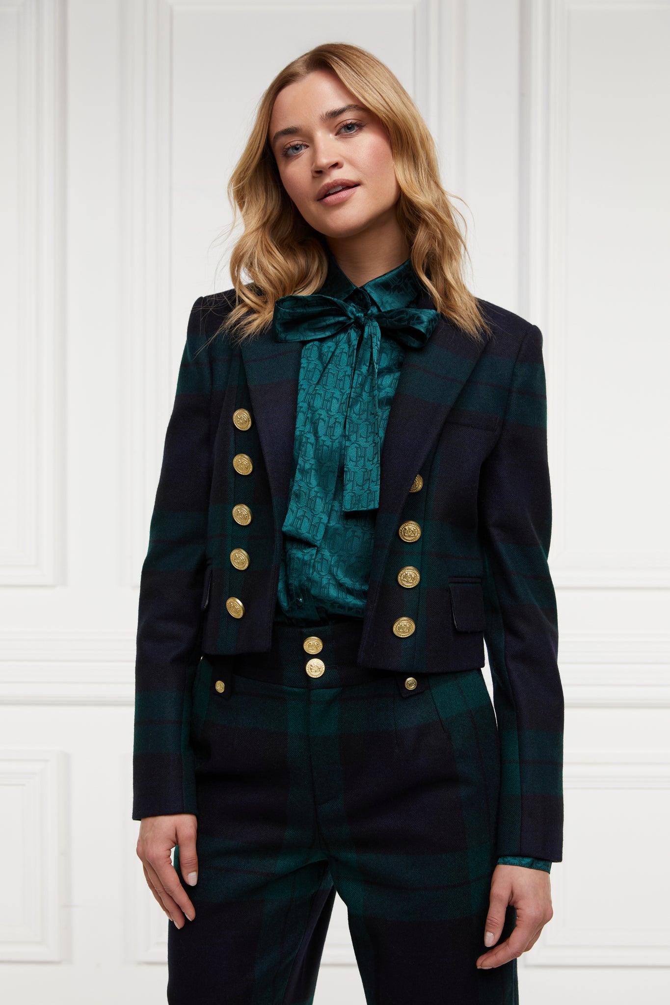 British made tailored cropped jacket in navy and green blackwatch tarten with welt pockets and gold button detail down the front and on sleeves