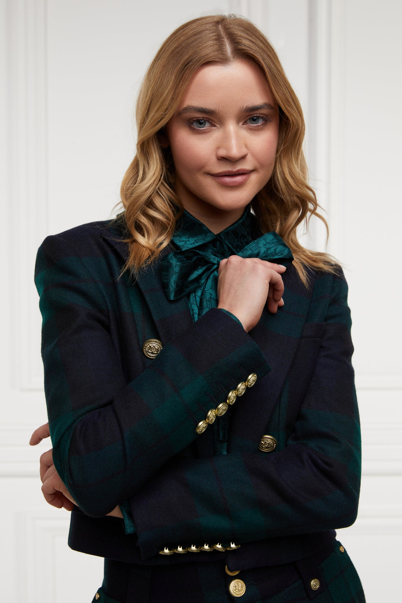 British made tailored cropped jacket in navy and green blackwatch tarten with welt pockets and gold button detail down the front and on sleeves