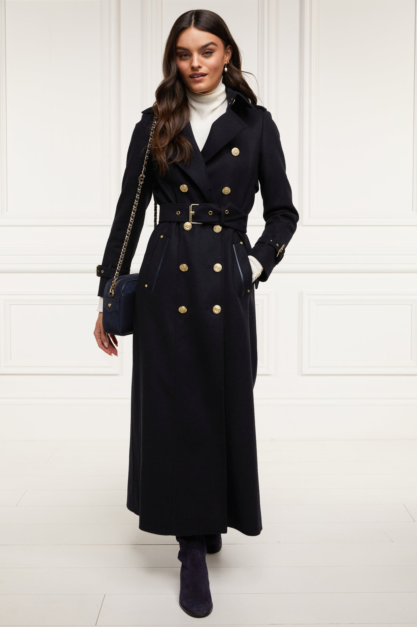 womens navy wool double breasted trench coat