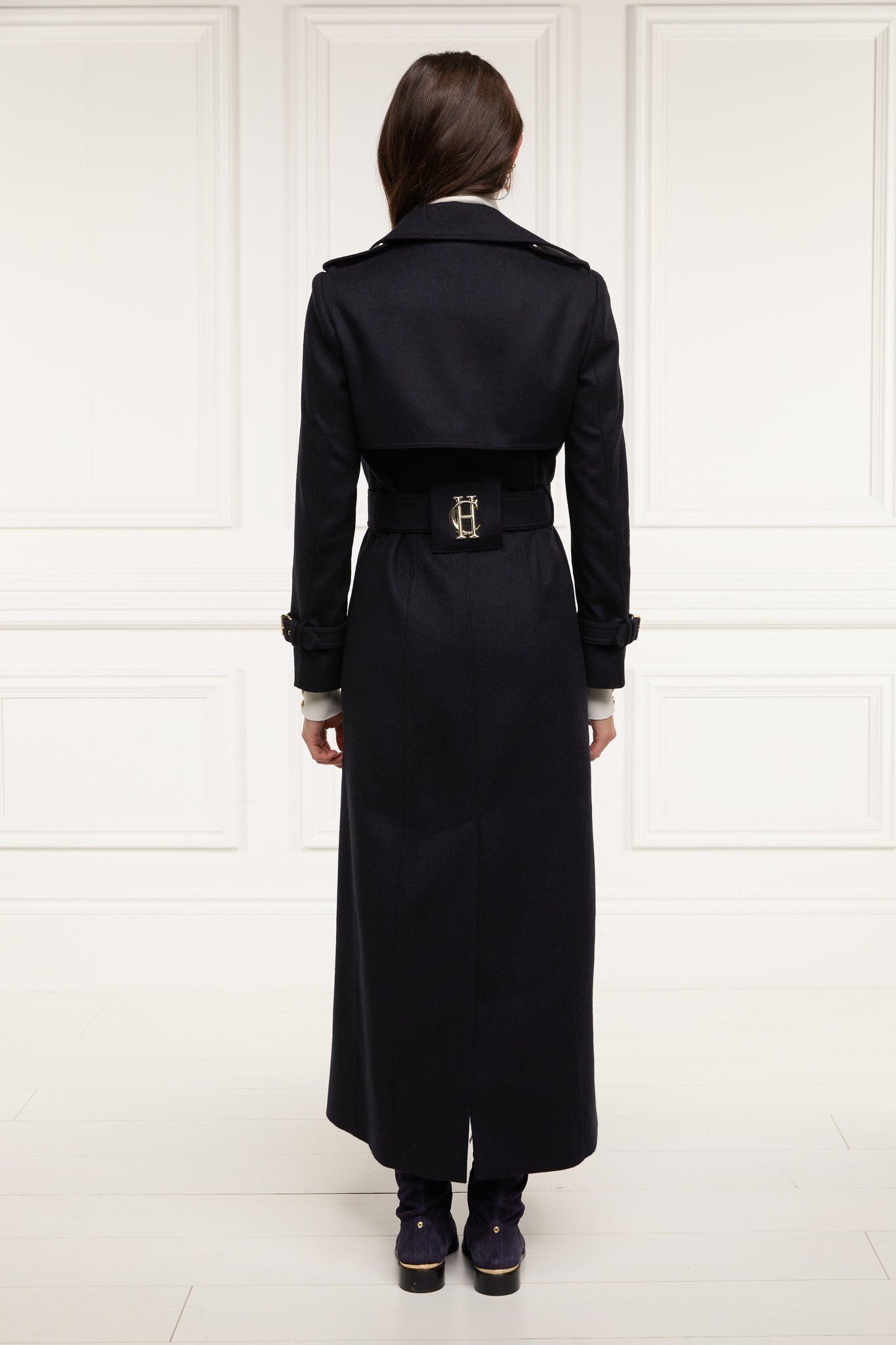 back of womens navy wool double breasted trench coat