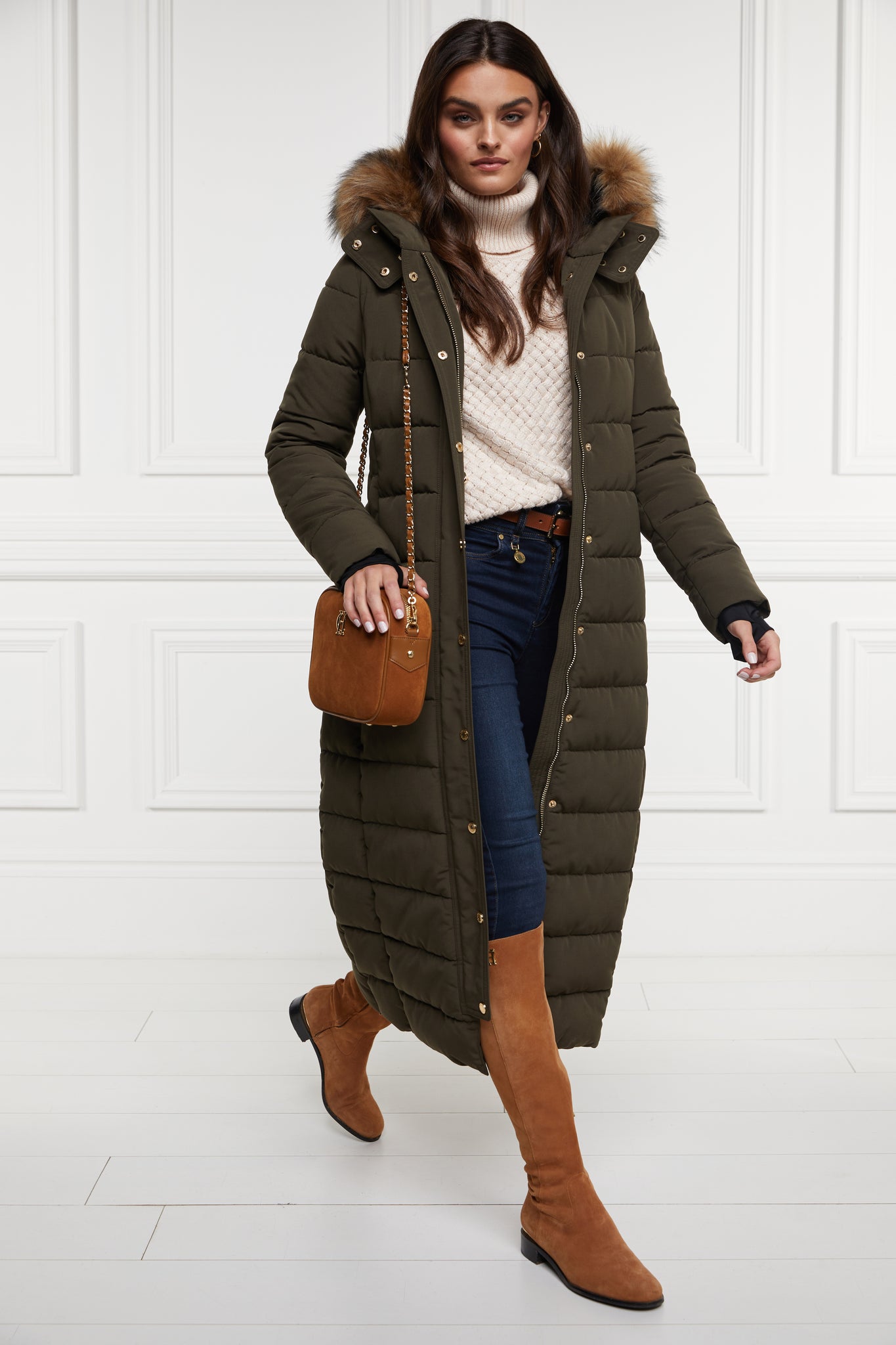 Khaki Fitted Long Puffer Jacket with Faux Fur Hood