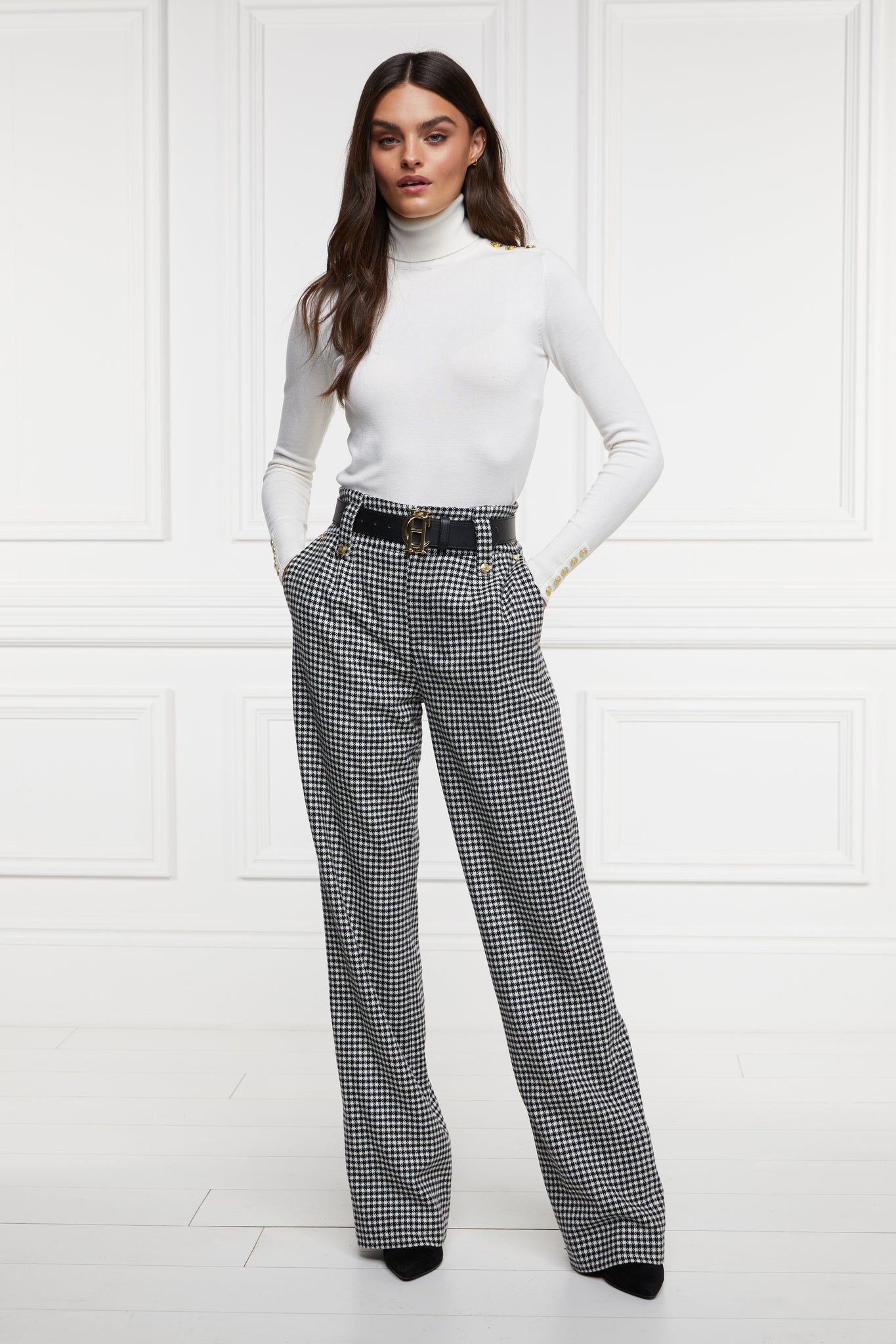 High Waisted Straight Trouser (Hot Pink Large Scale Houndstooth