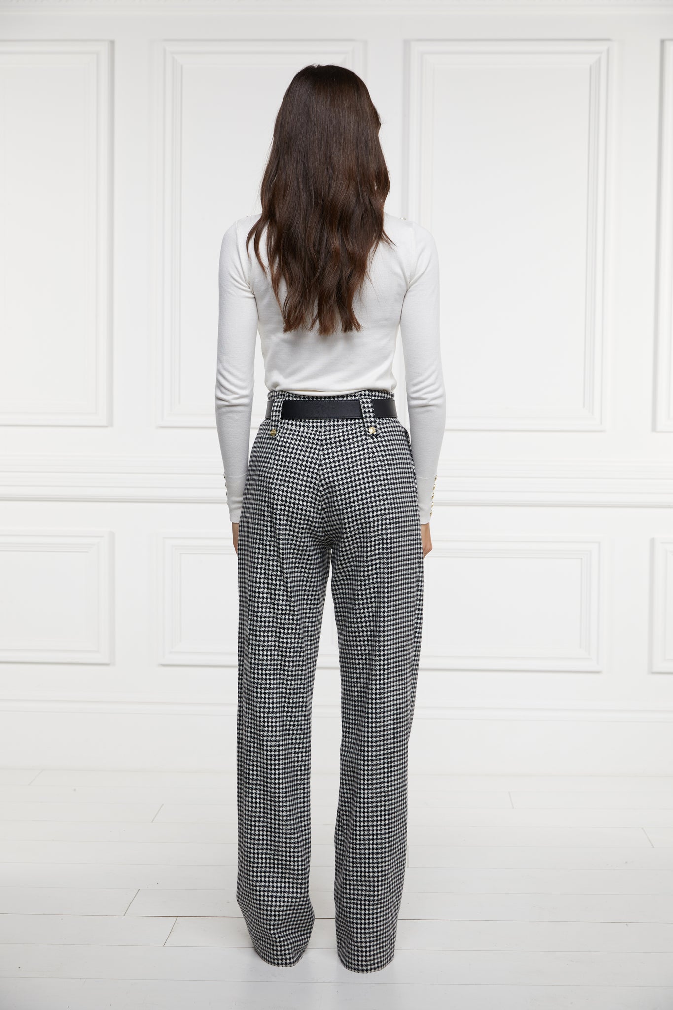 High Waisted Straight Trouser (Black & White Puppy Tooth)
