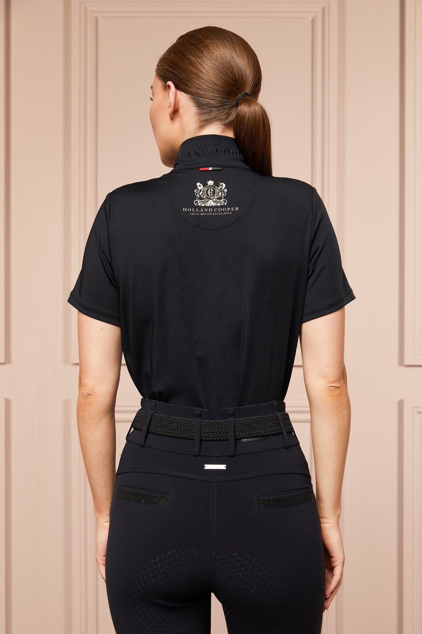 back of womens equestrian short sleeve base layer in black