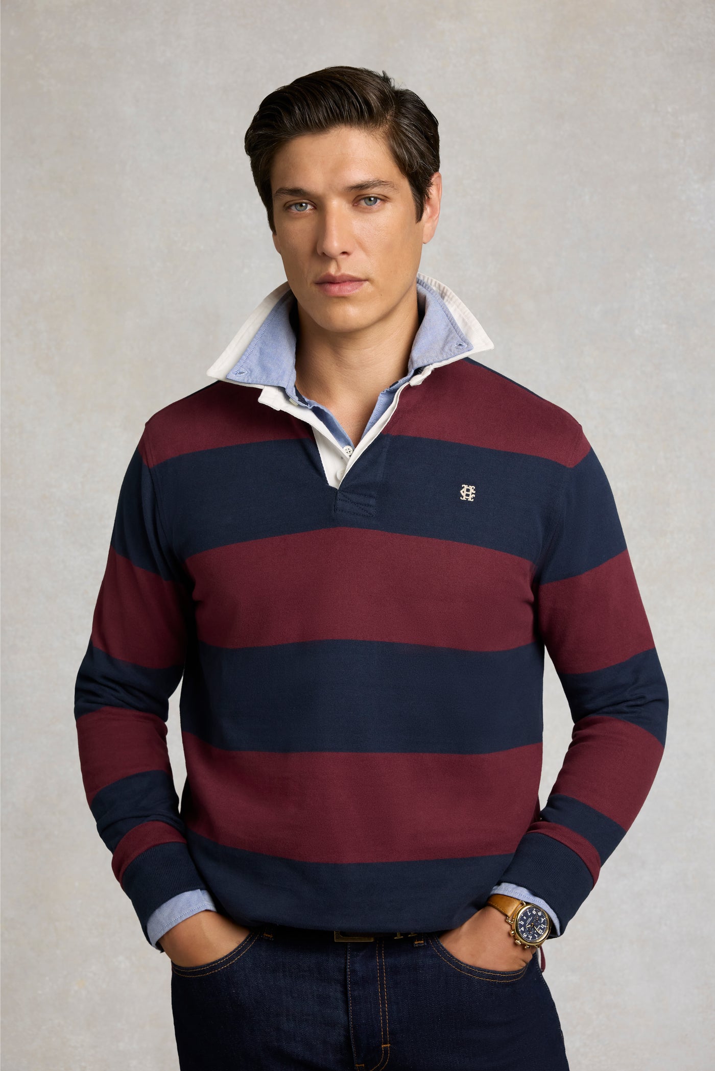 Men's Long Sleeve Rugby Shirt (Burgundy Stripe)