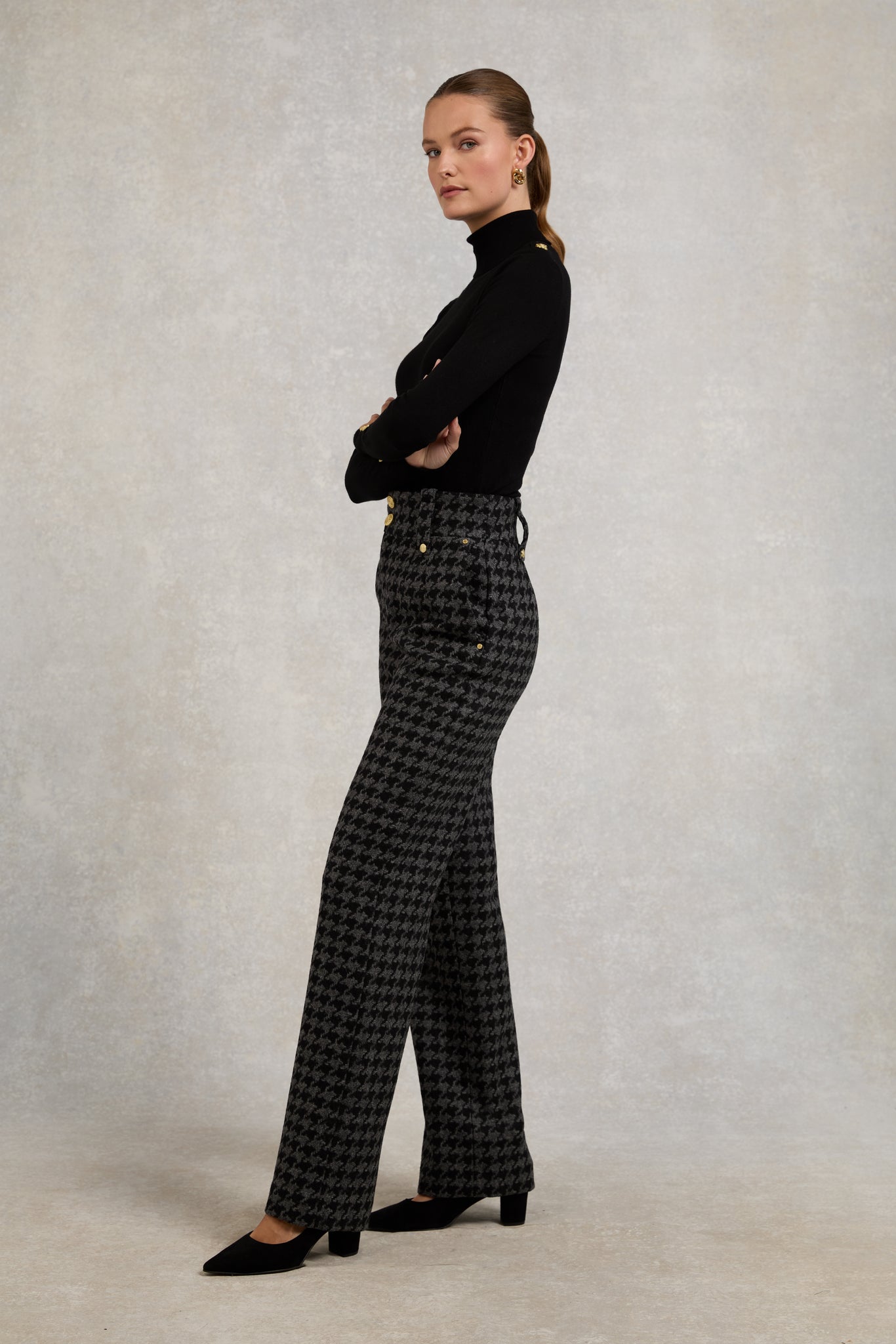 High Waisted Straight Trouser (Large Scale Charcoal Houndstooth)