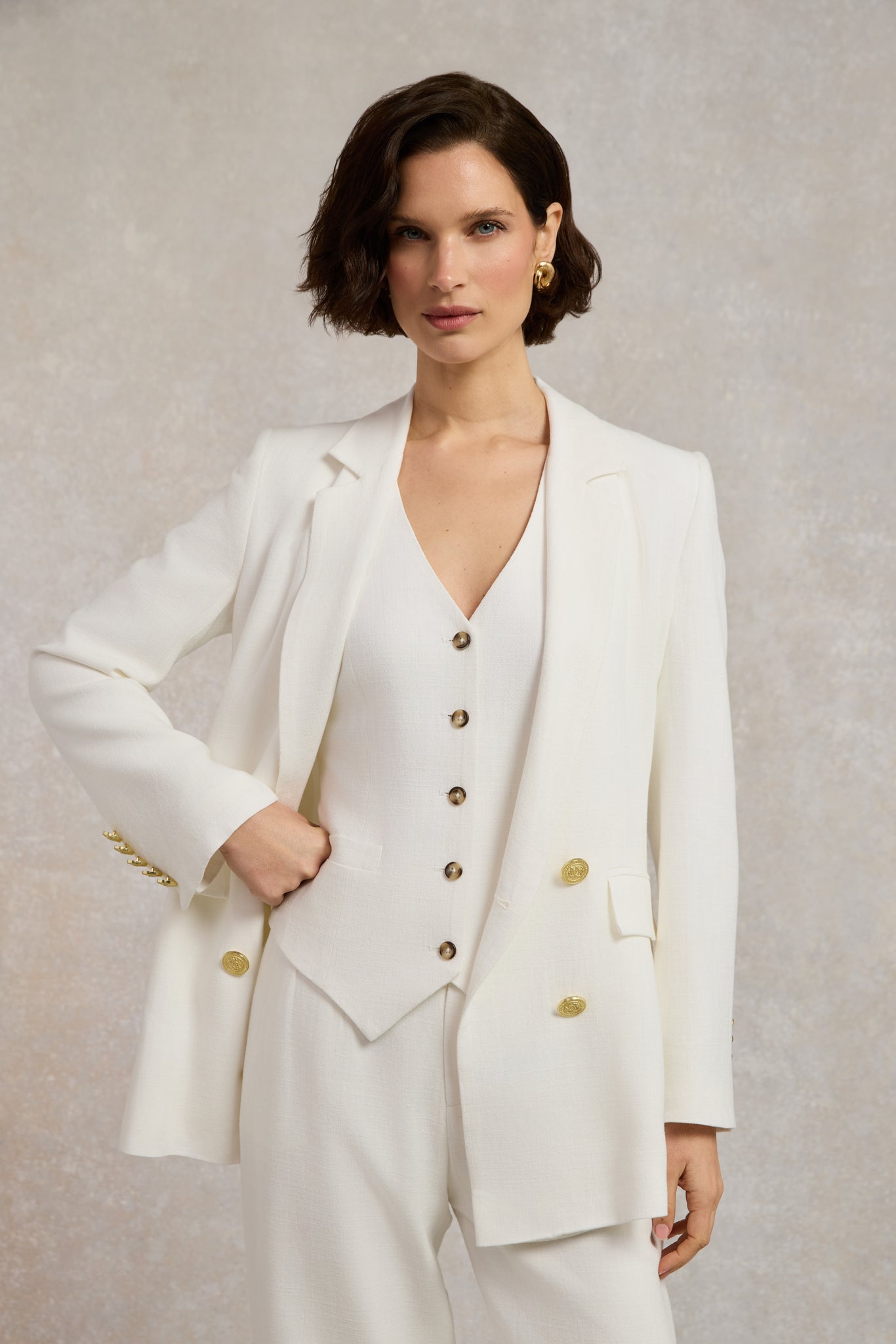 Double Breasted Blazer (Oyster Linen) - Main Image