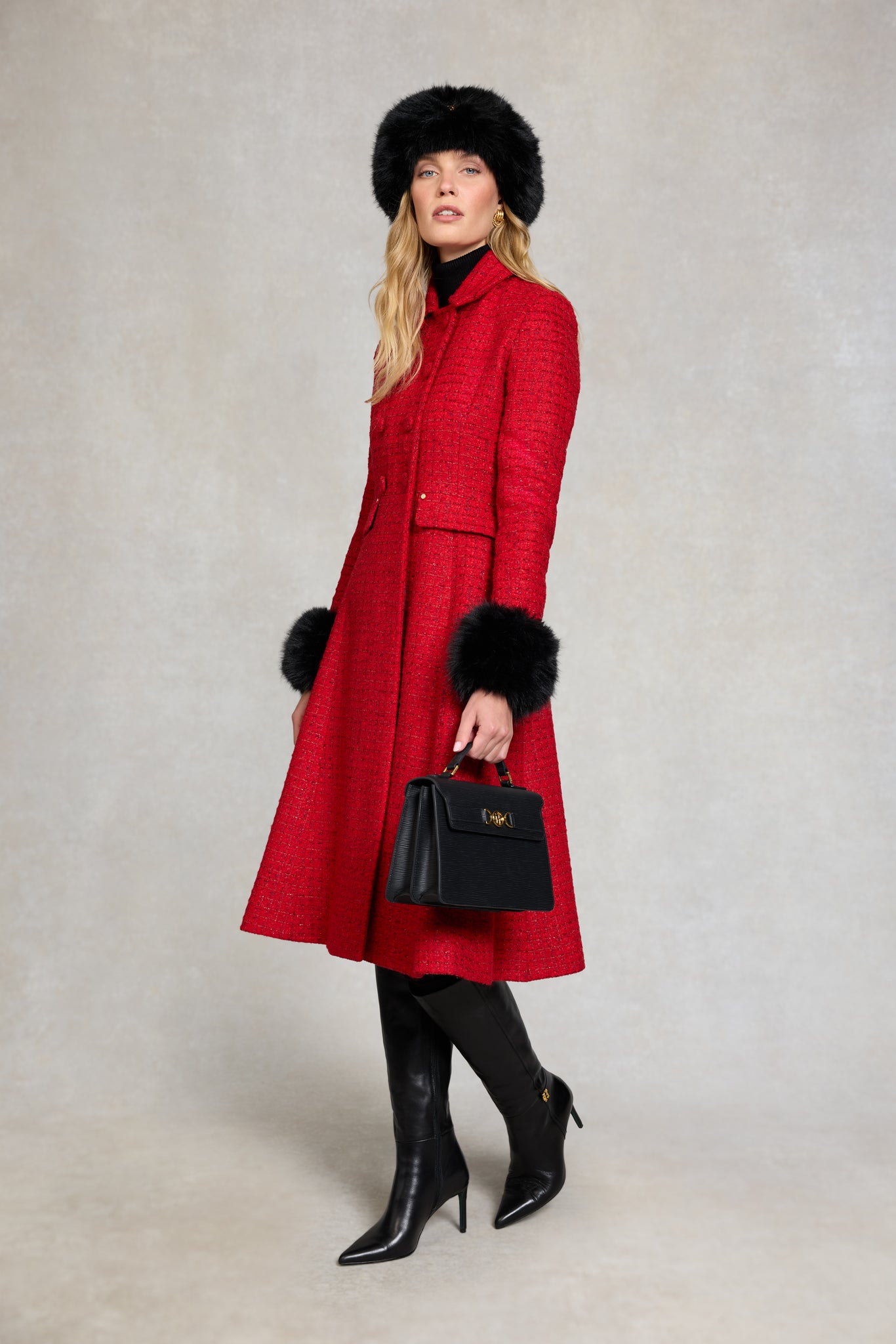 Windsor Fit & Flare Coat (Red Boucle)