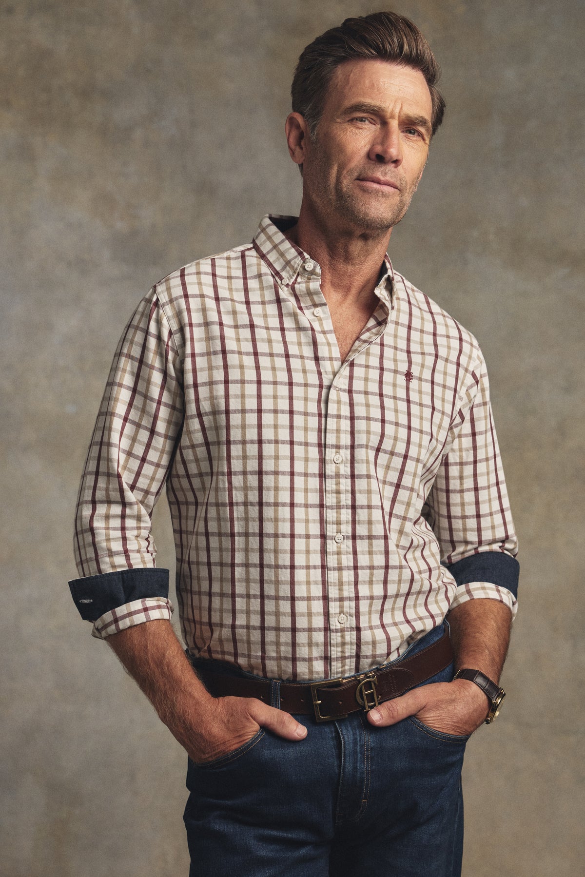 Men's Relaxed Fit Button Down Shirt (Large Scale Ruby Check)