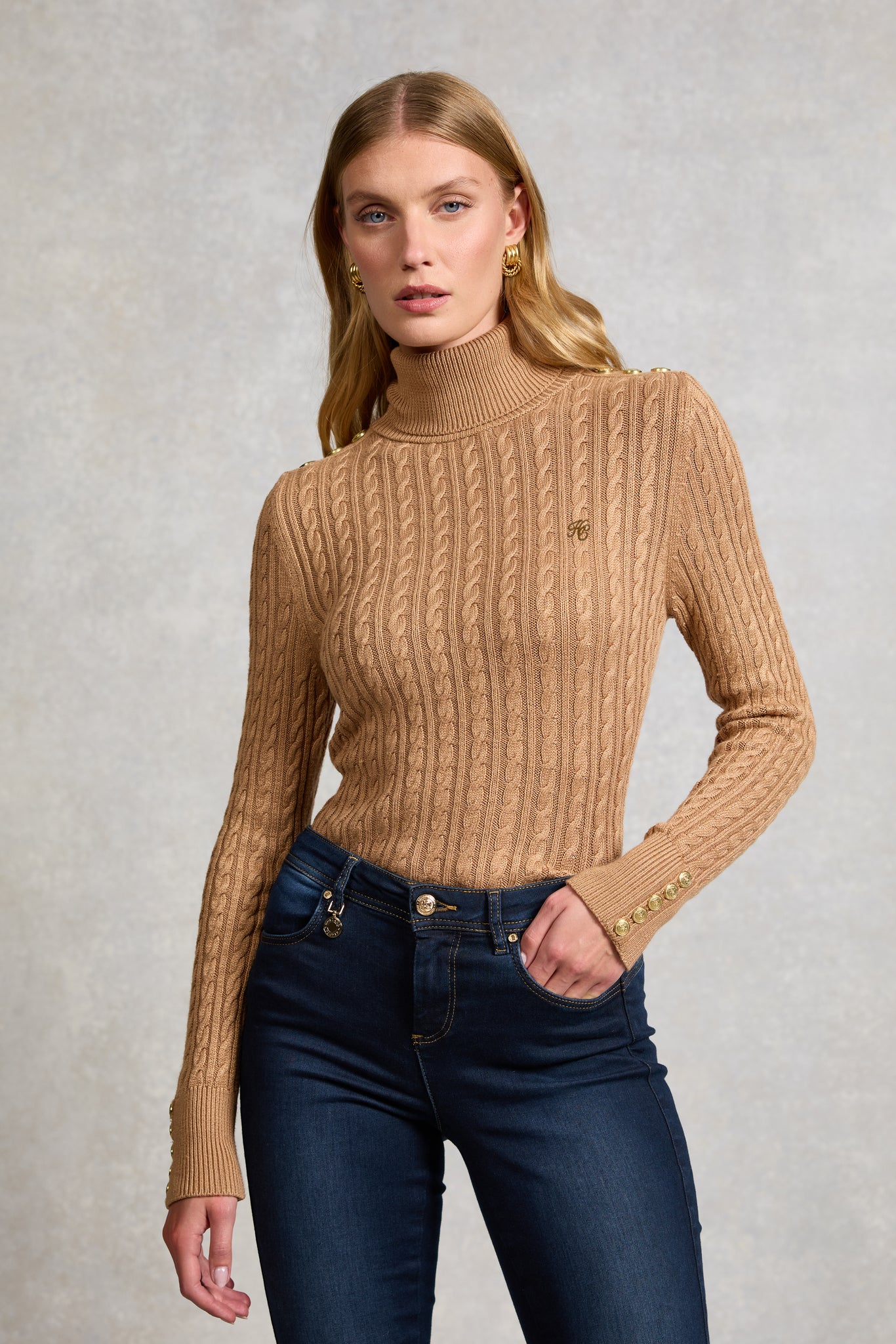 Seattle Roll Neck Cable Knit (Dark Camel Marl)